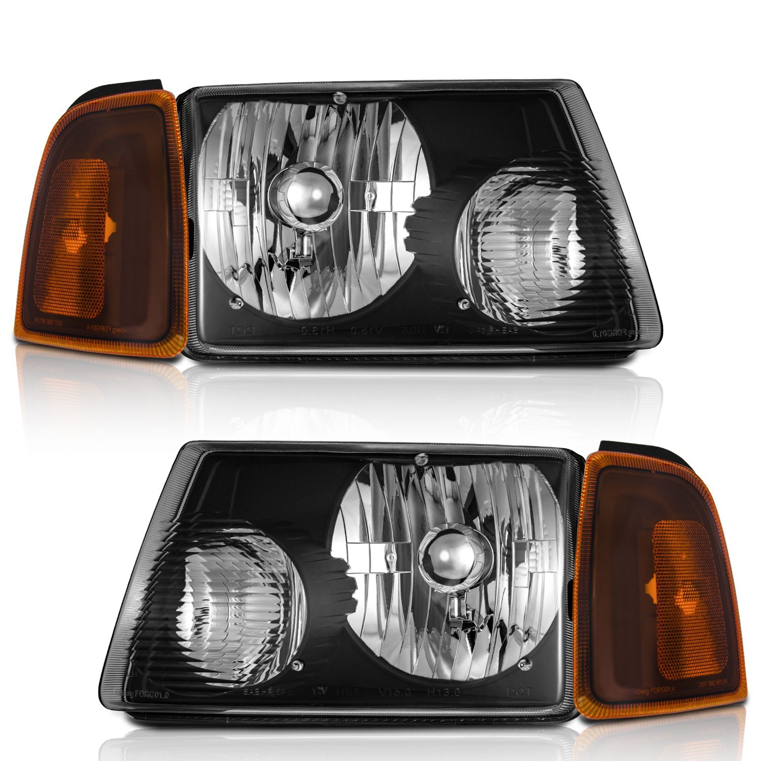 Pair Headlights For 2001-2011 Ford Ranger Black Housing Amber Corner, w/o Bulbs