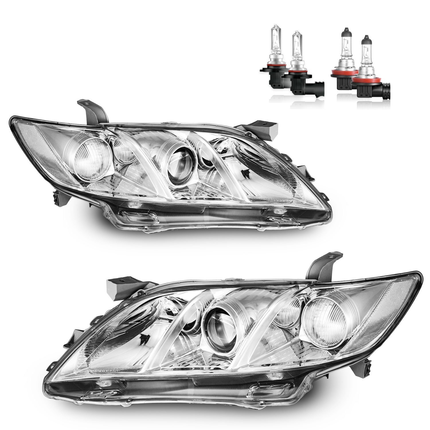 Pair Chrome Headlights For 2007 2008 2009 Toyota Camry Headlamps W/Bulbs LH+RH