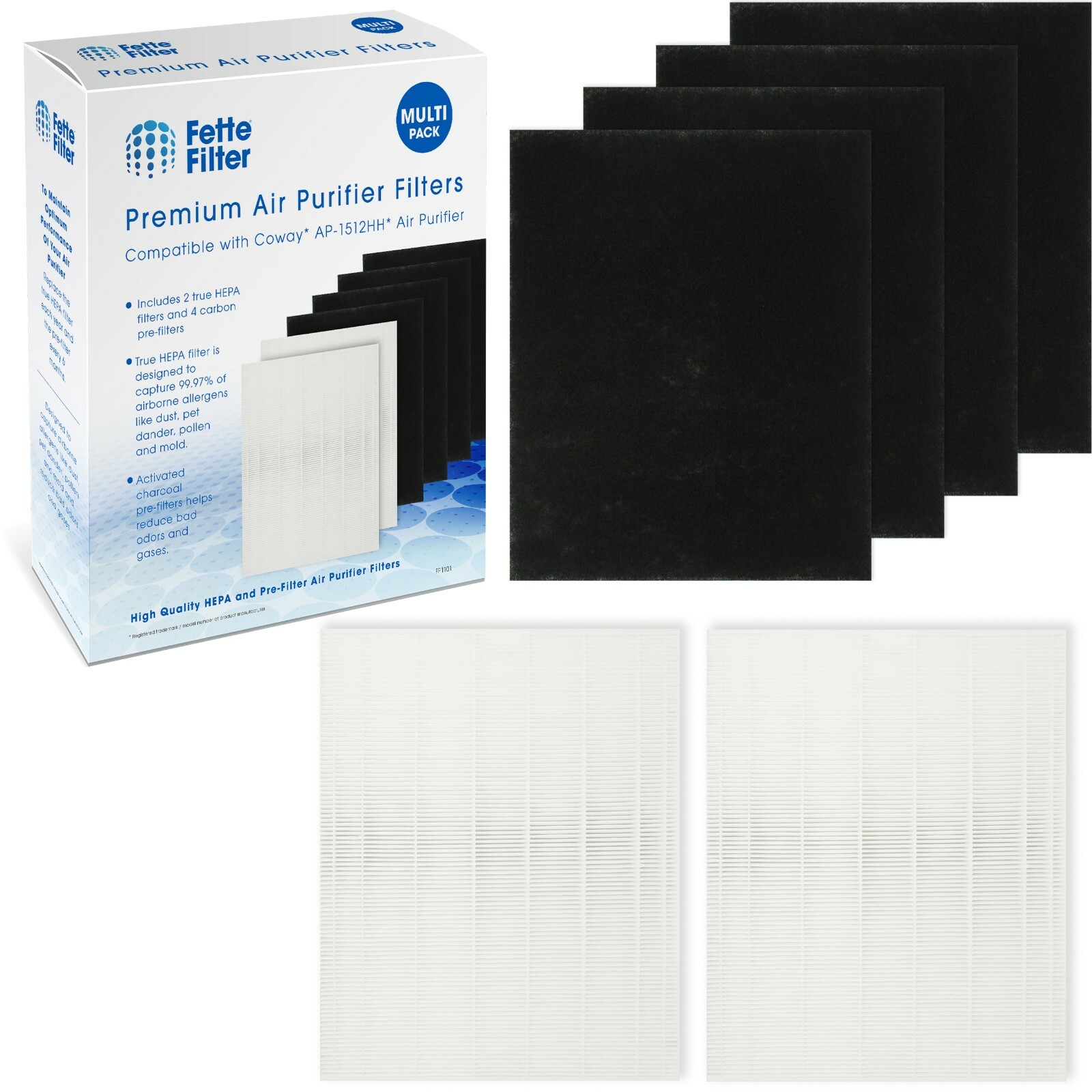 2 Premium HEPA Filters Compatible with Coway AP-1512HH-FP (2 Hepa  & 4 Carbon)