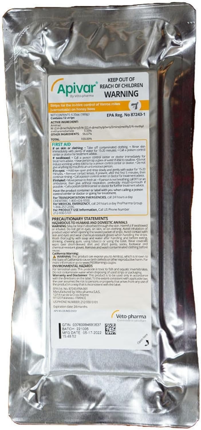 Mann Lake Apivar 2.0 Varroa Treatment 12 Strips - Bee Hive - Pest Control