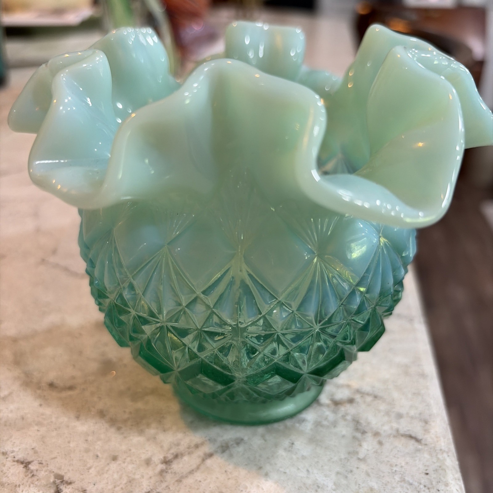 Super RARE Fenton Green Opalescent Cut & Block Vase ☆☆☆☆