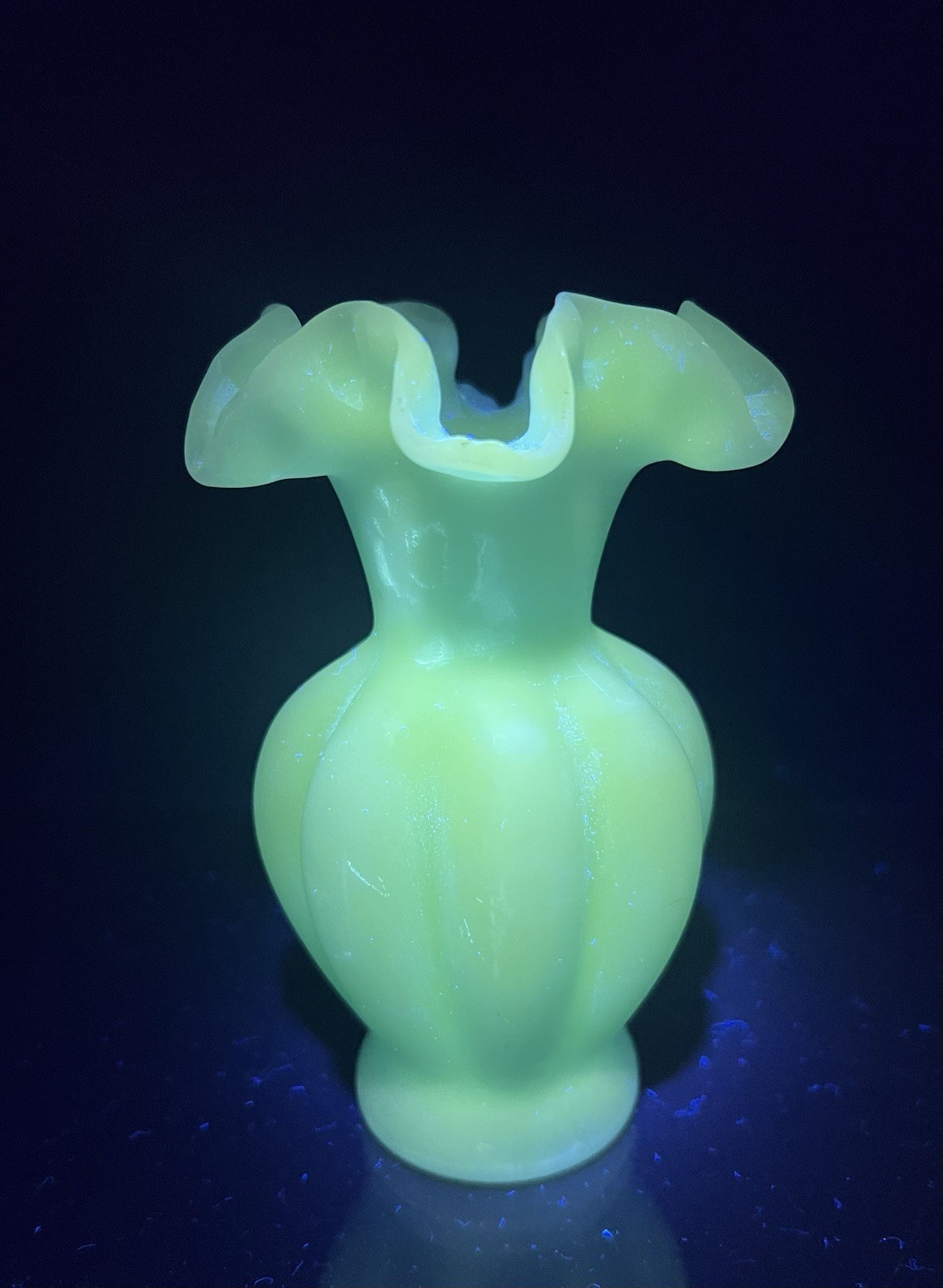 Vintage Fenton Blue Satin Glass Melon Vase with Ruffled Top 6” UV 365
