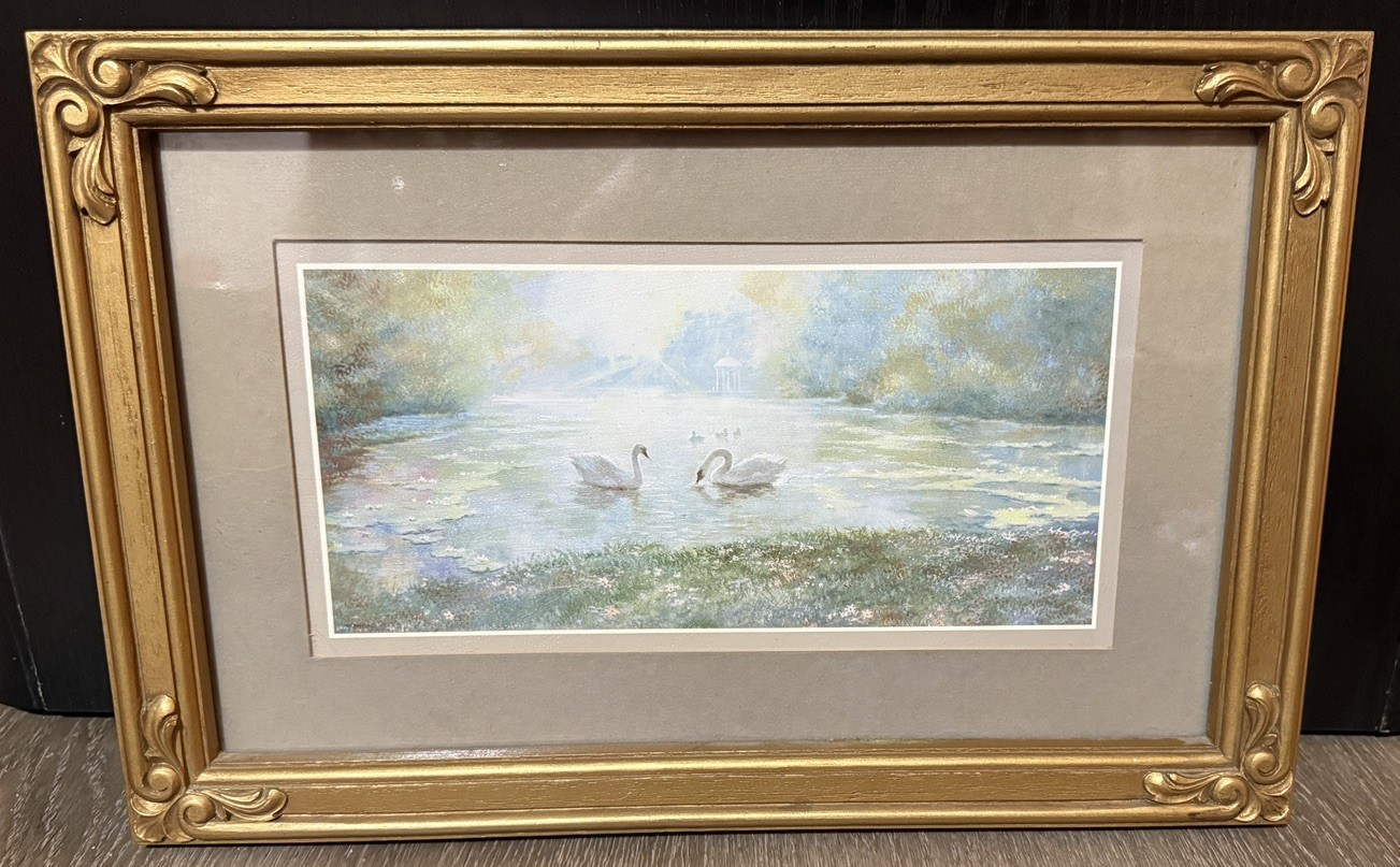 Vtg 1984 Sage Green Swans Lake HOMCO Picture Gold Framed Glass Cottage Core Vtg 1984 Sage Green Swans Lake HOMCO Picture Gold Framed Glass Cottage Core