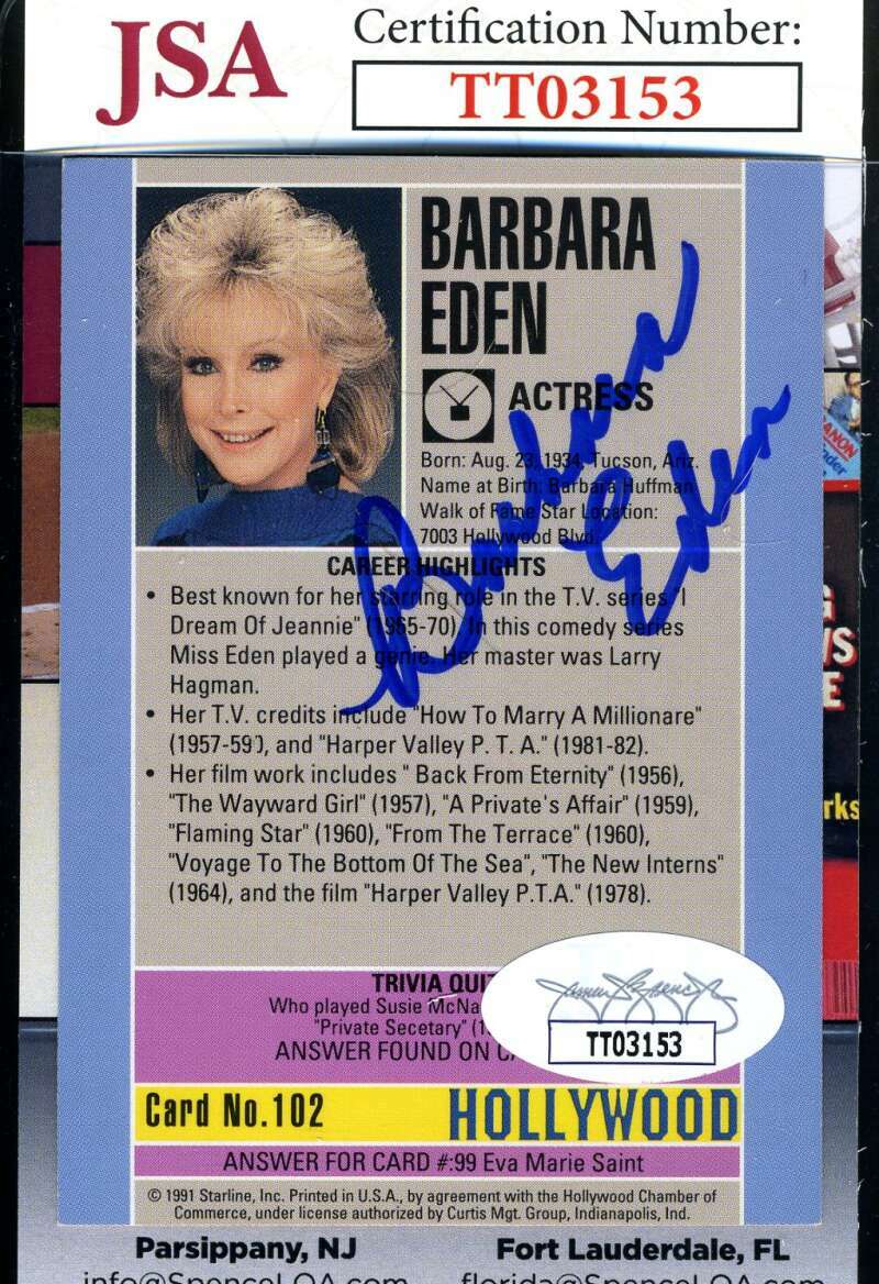 Barbara Eden JSA Coa Signed 1991 Starline Hollywood Card Autograph