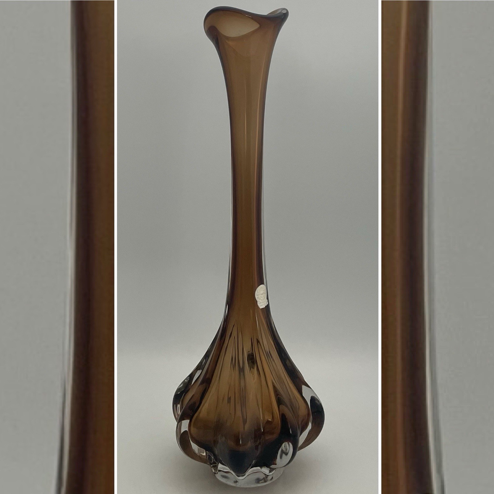 Slimma Glasbruk Brown Cased Crystal Ribbed Swung Bud Vase c1950s Sweden 16\ Slimma Glasbruk Brown Cased Crystal Ribbed Swung Bud Vase c1950s Sweden 16\