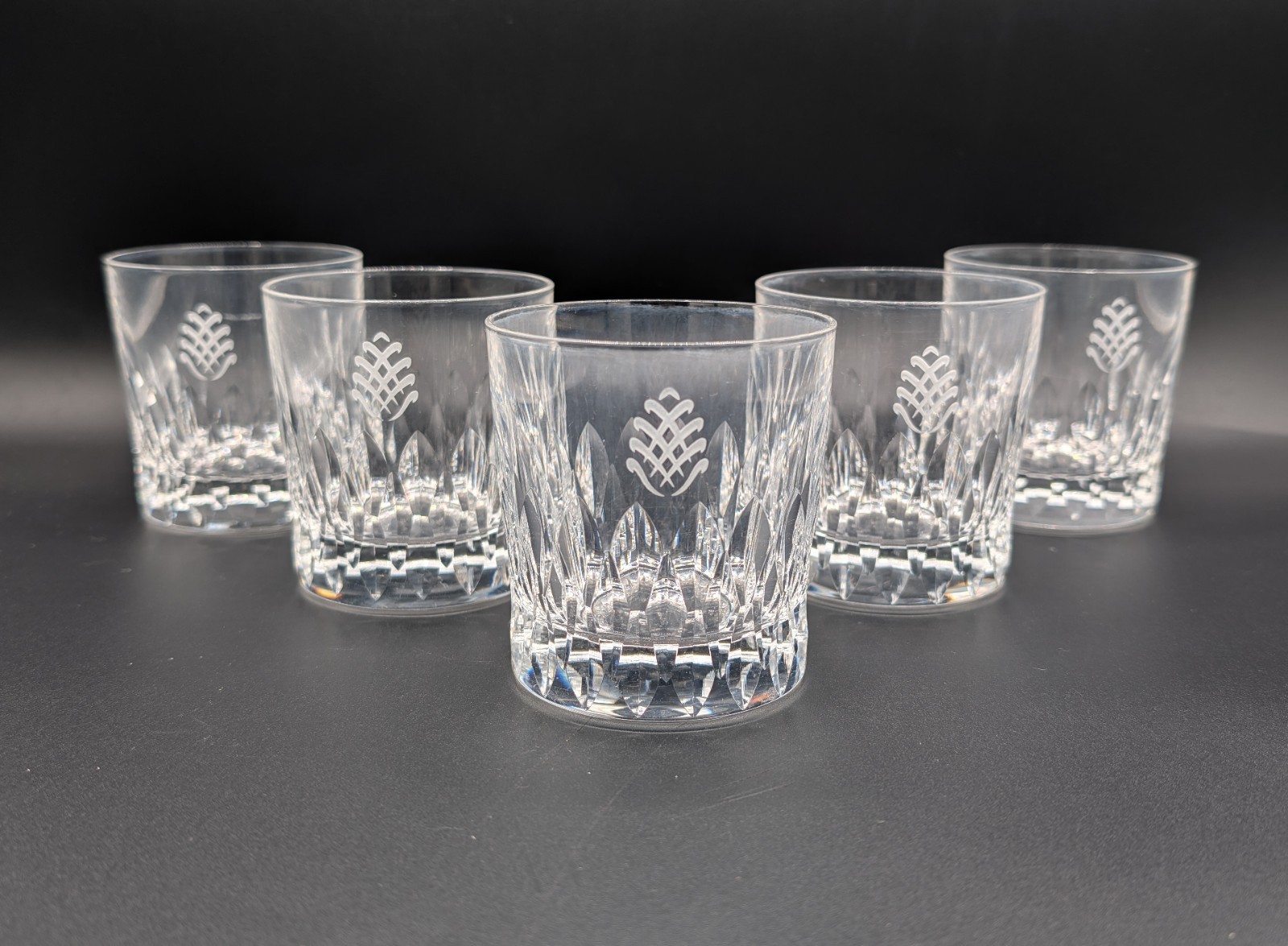 Vintage Baccarat Armagnac Whiskey Glasses Set 5 Custom Pinecone Crest AS IS Hazy