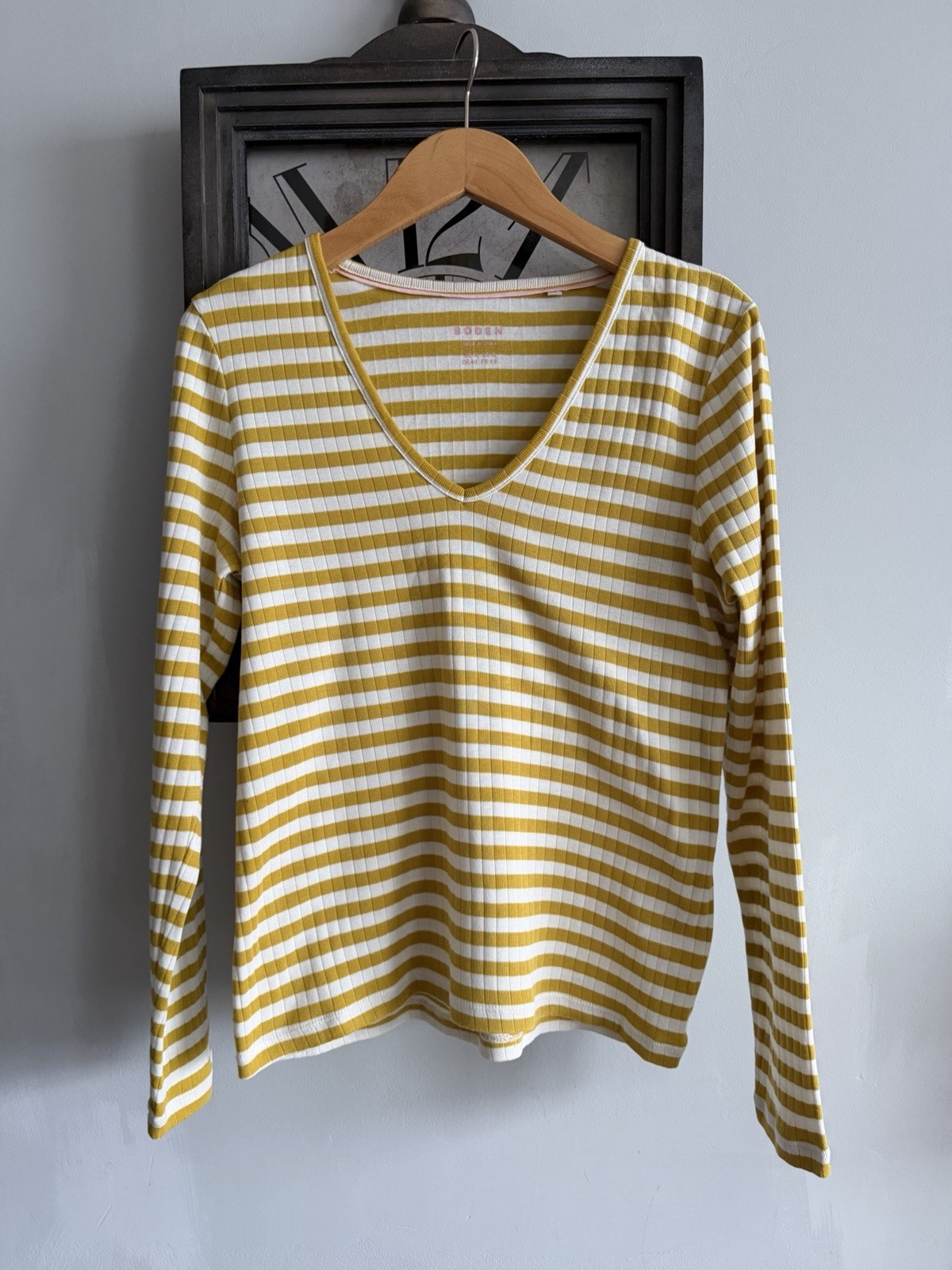 Boden Yellow & White Striped Breton Top Size 14 | Cotton Long Sleeve V Neck