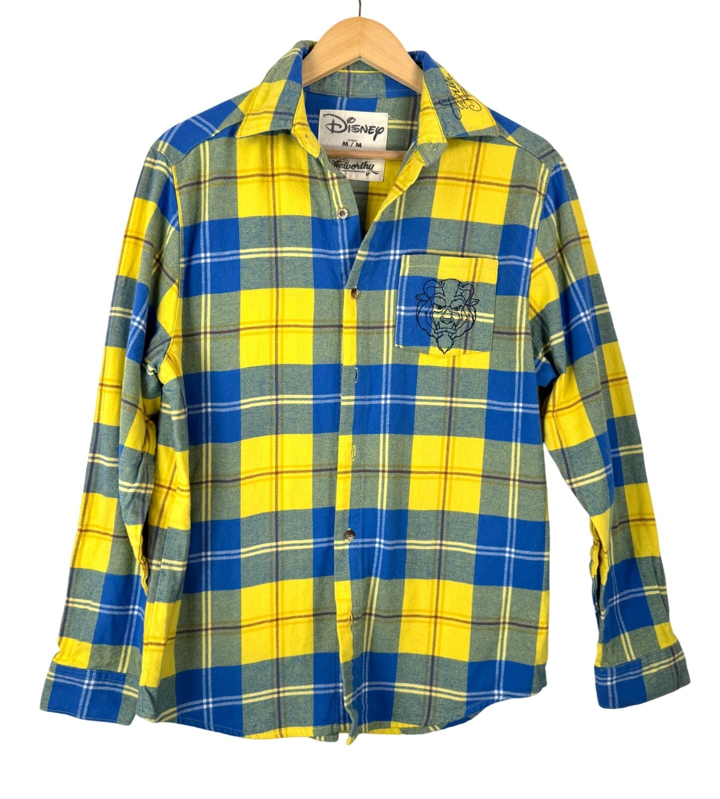 Cakeworthy Disney Beauty and the Beast plaid shirt men 90s academia sz M