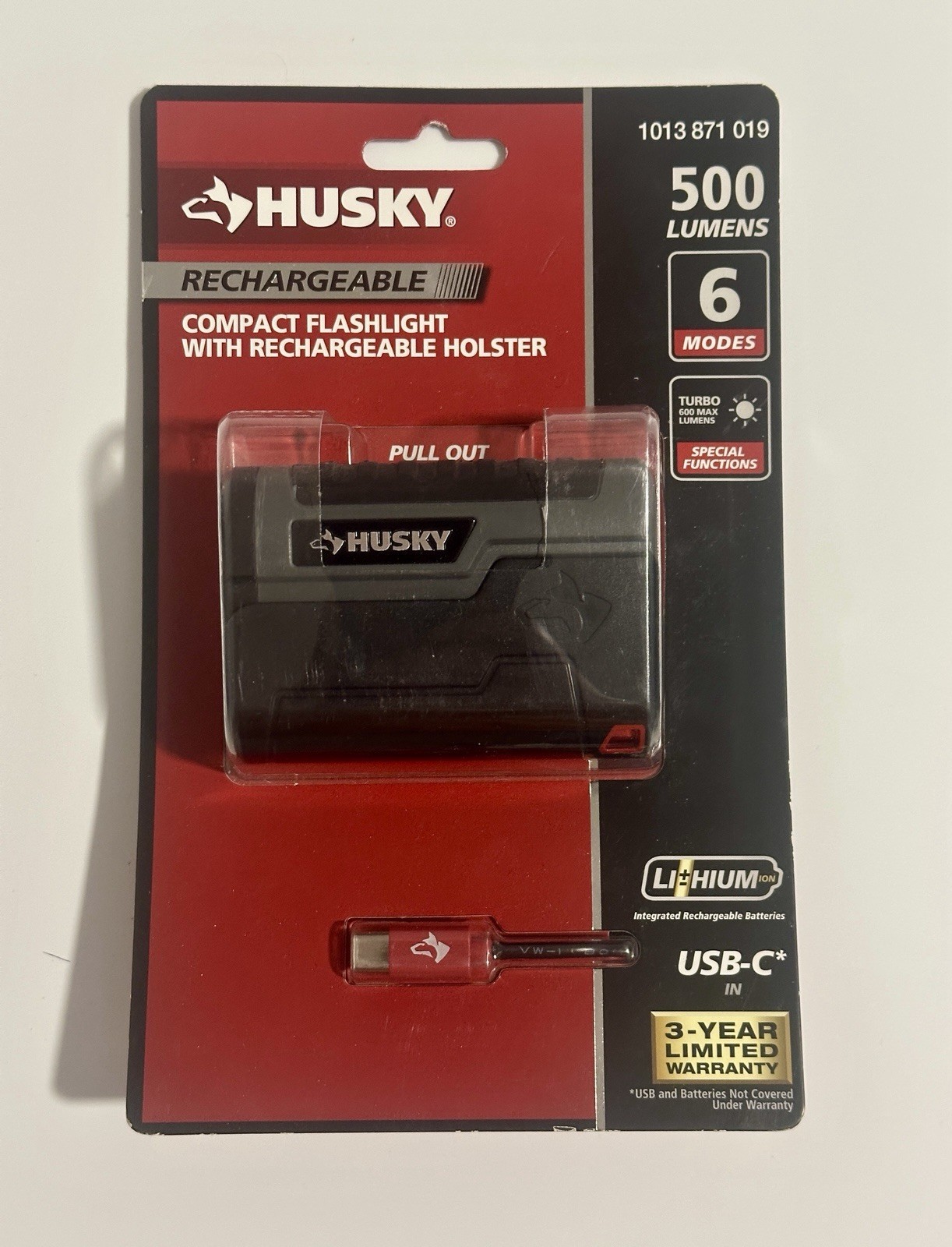 Husky Compact Flashlight with Rechargeable Holster - 500 Lumens-NEW