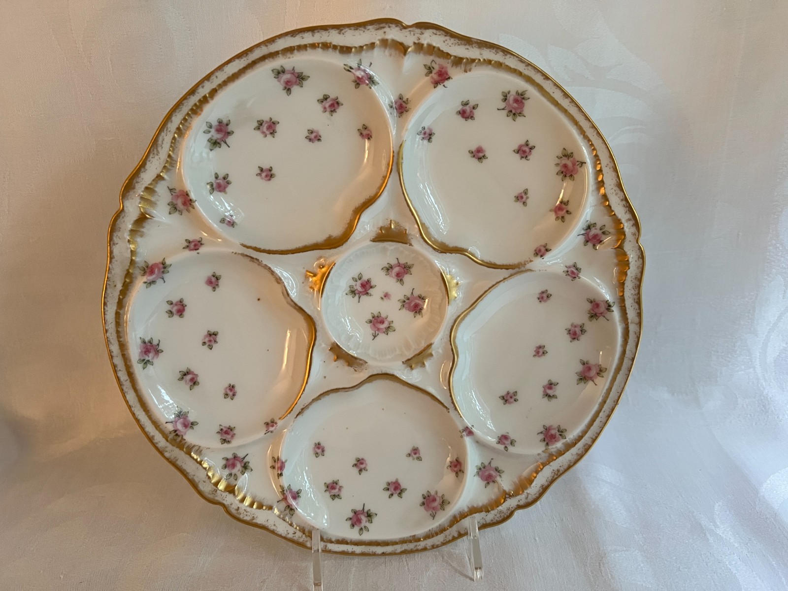 Antique Theodore Haviland Limoges 5-Well Oyster Plate- Pink Floral & Gold