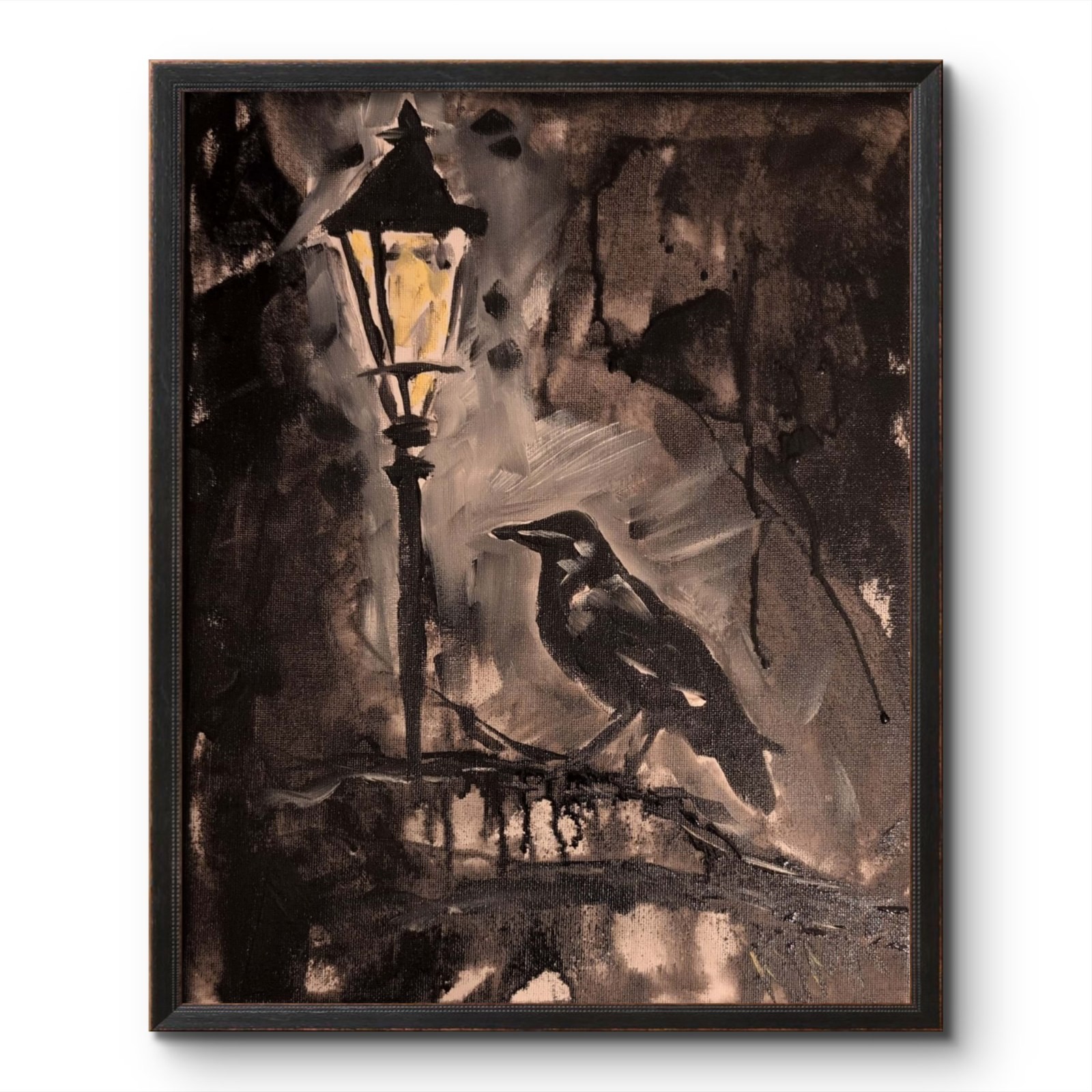 KYMA Original 11x14 Expressionist Raven Lamppost Night Painting Signed Canvas