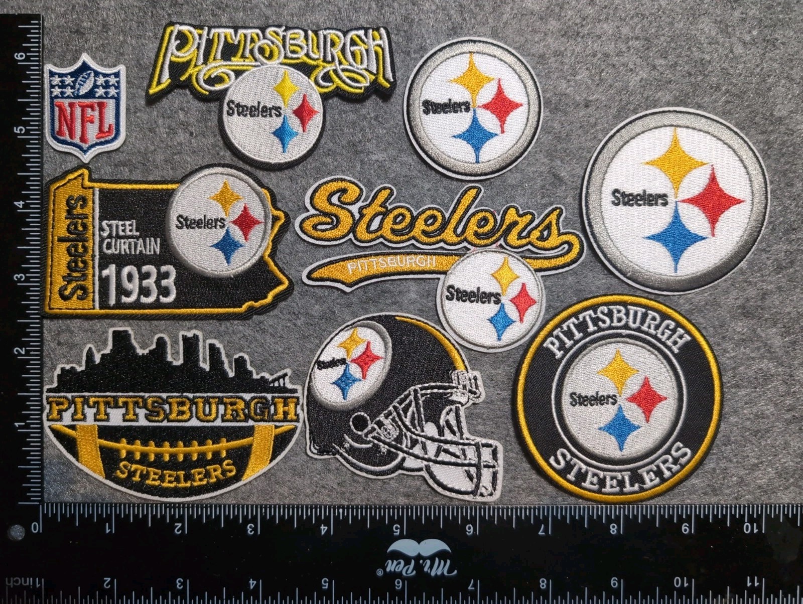 LOT OF 9 PITTSBURGH STEELERS IRON ON EMBROIDERED PATCHES EVERYTHING IN PHOTO