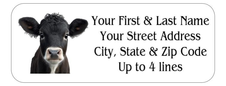 150 Black Cow Calf Mailing Return Address Labels Personalized  1 x 2 5/8 in.