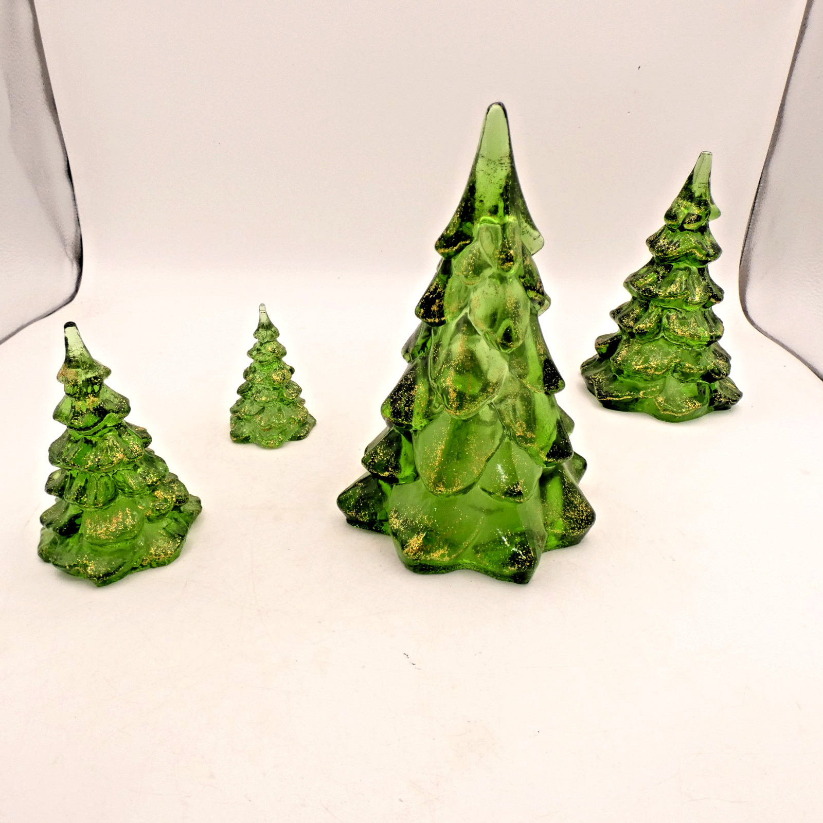 Vintage Fenton Green/ Gold Art Glass Christmas Trees 7.5\