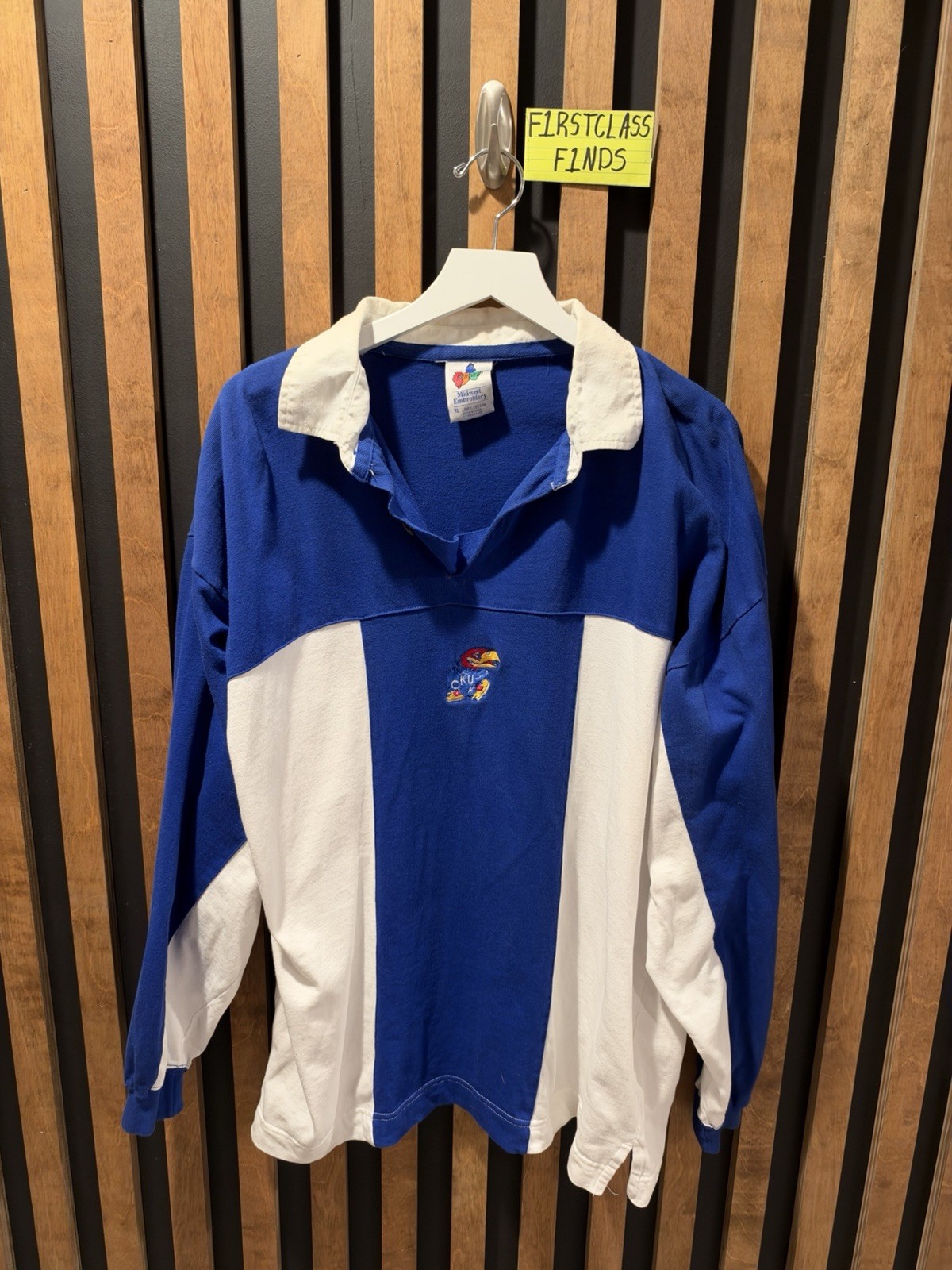VINTAGE 90s Midwest Embroidery Kansas University KU Jayhawks Long Sleeve Rugby 