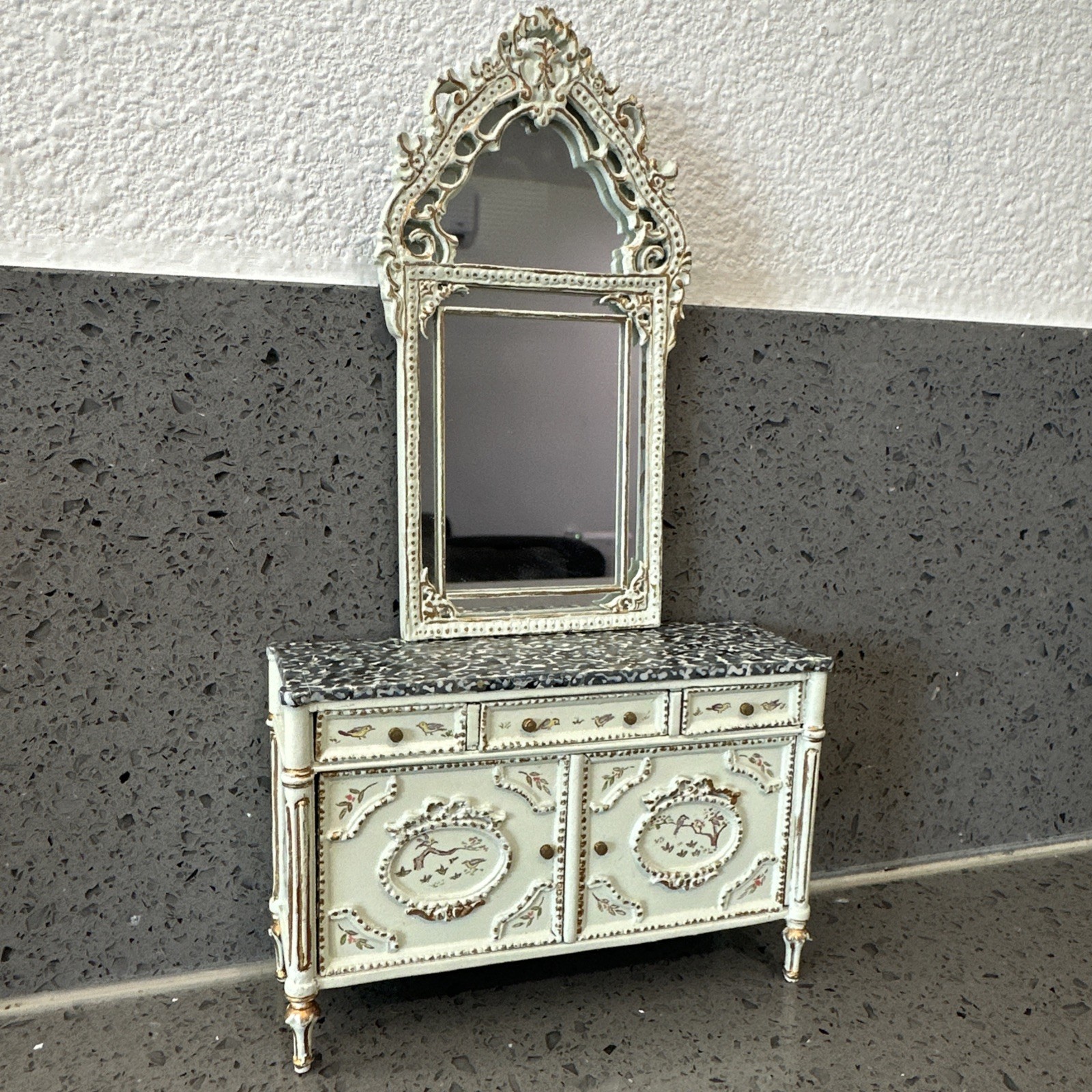 Vintage Bespaq Belmont Bleu Faux Marble Top Commode/ Sideboard With Mirror ~1:12