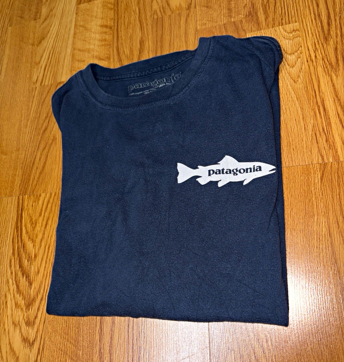 Patagonia Men\'s Blue Cotton Knit Fish Logo Graphic Tee (L) Patagonia Men\'s Blue Cotton Knit Fish Logo Graphic Tee (L)