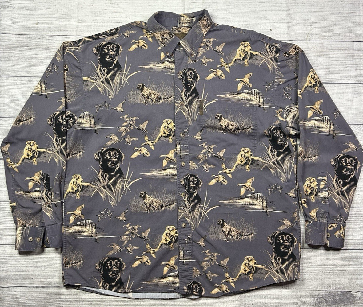 North River Outfitters Hunting Shirt Mens Large Duck Lab Dog Print Button Down