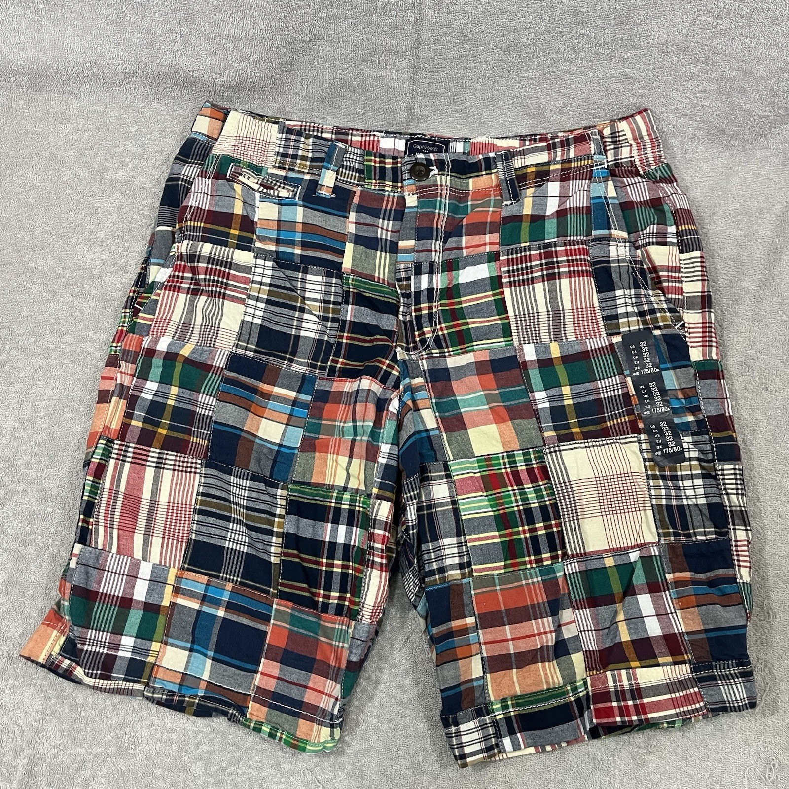 NWOT Gap Khakis Men Lived In Shorts Cotton Plaid Madras Sz 32 Patchwork Rode