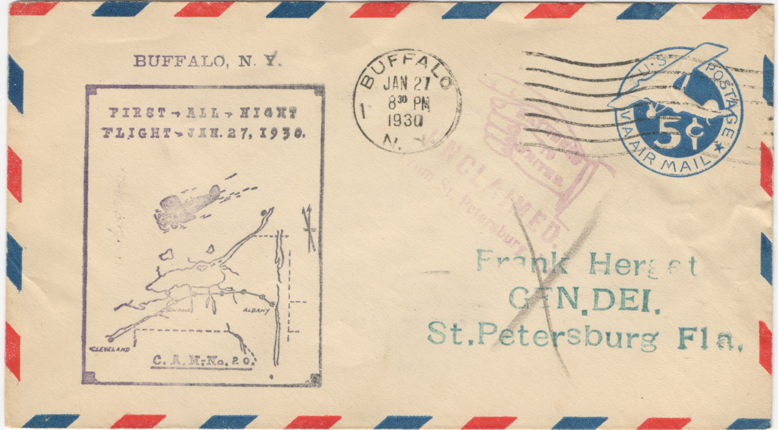 1930 CAM 20 First Night Flight Cover Buffalo NY Scott UC1 Unclaimed Airmail