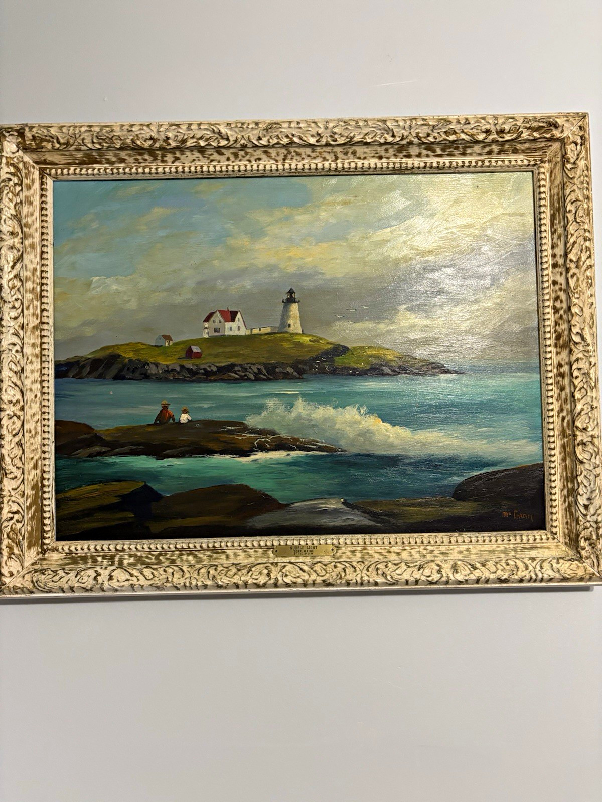 Val McGann Framed Signed Realism Seascape Lighthouse Painting Nubble Light