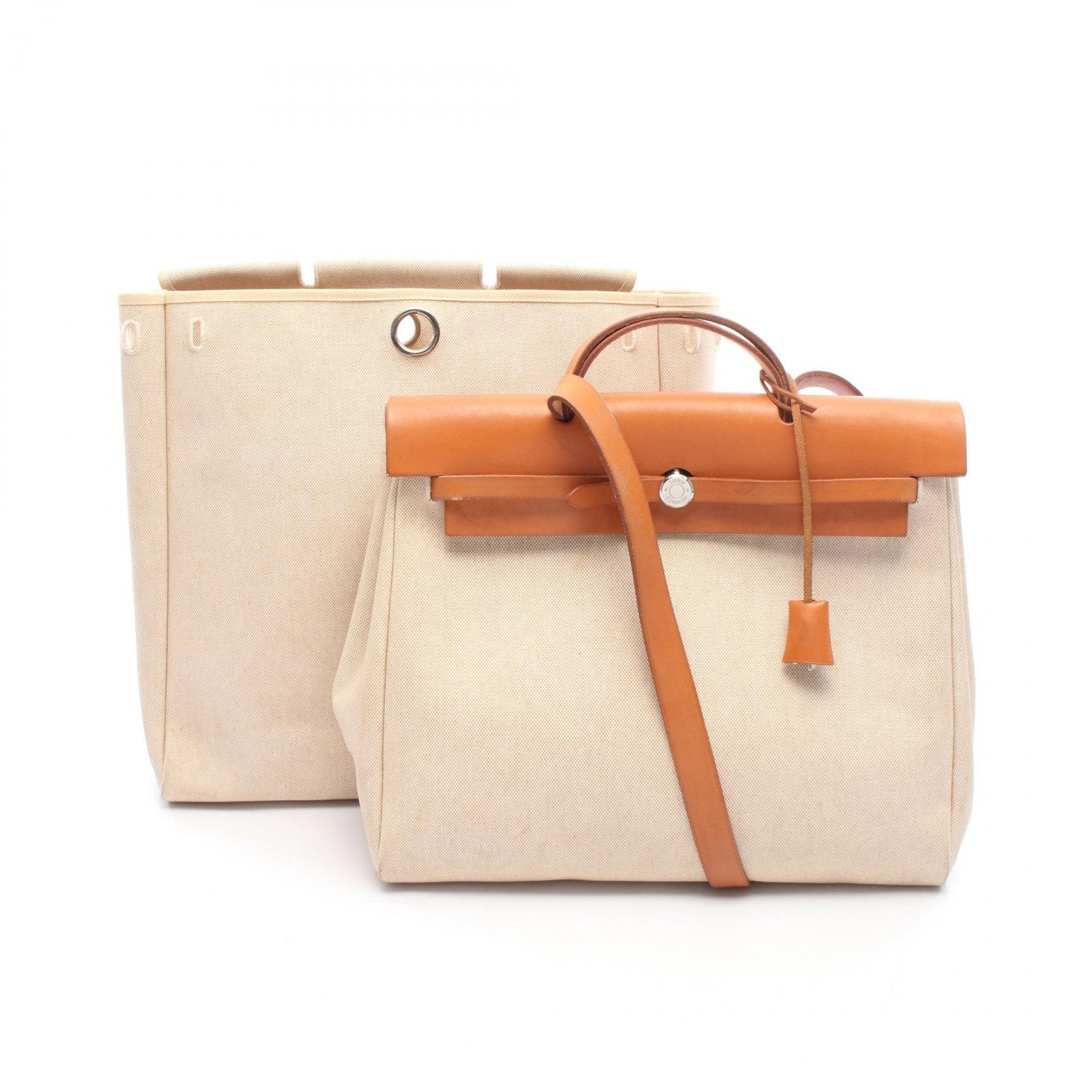 HERMES Herbag MM shoulder Handbag B Toile H canvas leather Ecru natural Used SHW