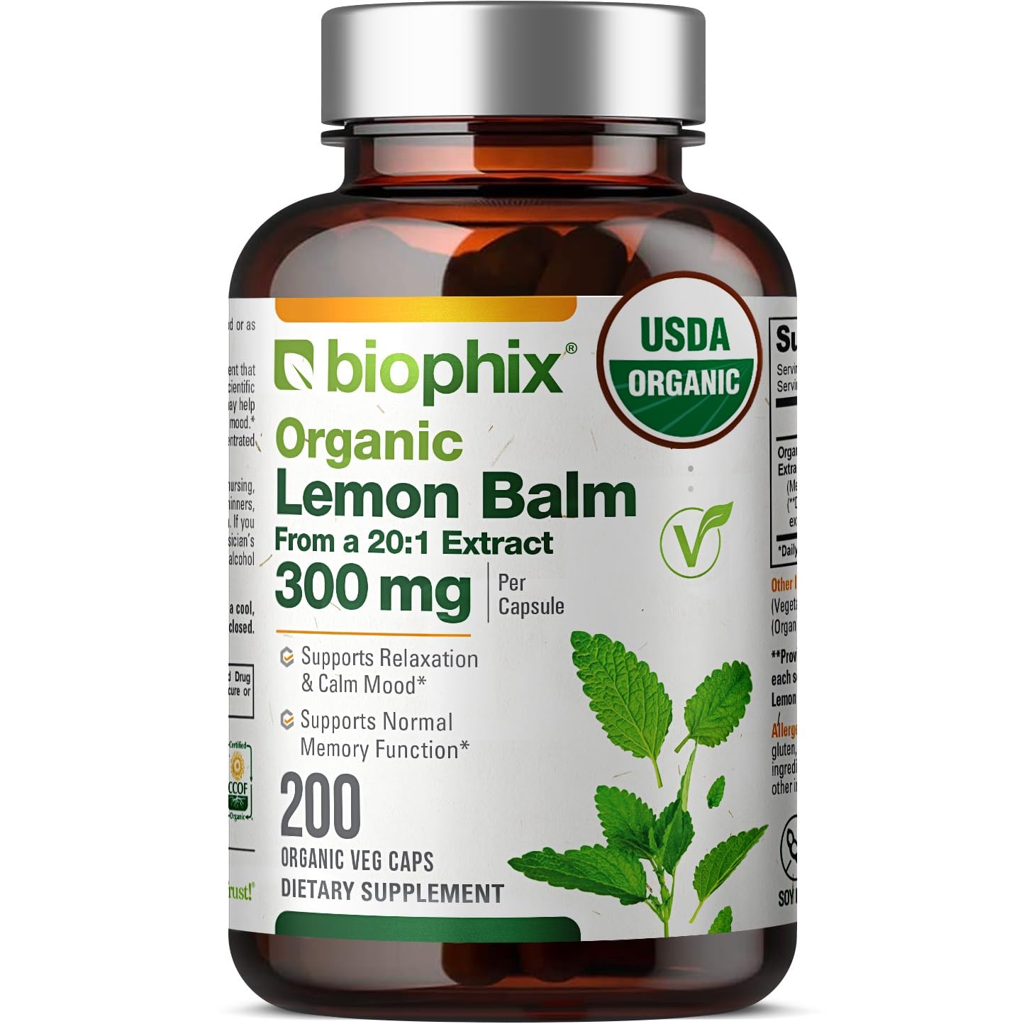 biophix Organic Lemon Balm 300 Mg 20:1 Extract 200 Veggie Capsules