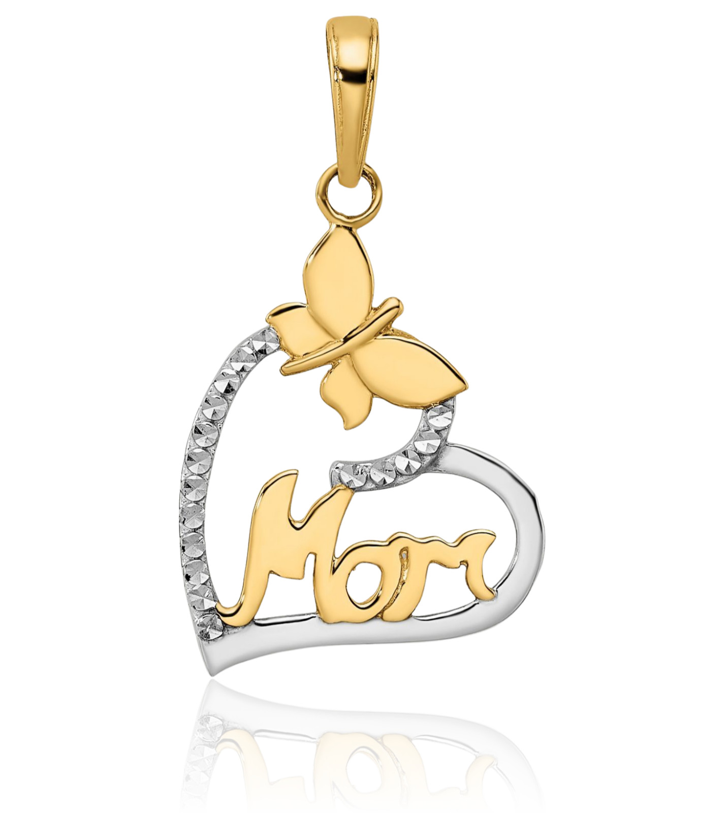 14K Solid Two Tone Gold Large Butterfly Mom Heart Pendant Necklace 26.74mm