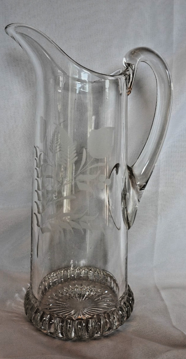 Antique Etched Glass Pitcher Botanical Leaves Berries Cut Starburst Base 10.5\