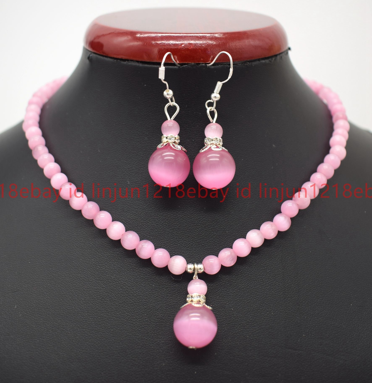 Pretty 6/8/10/12mm Pink Opal Gemstone Round Necklace Earrings Set