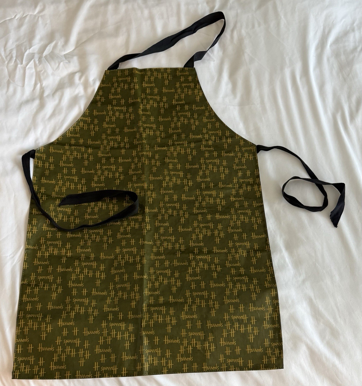 Vintage HARRODS Classic Apron Green Gold Logo Print Cotton PVC UK