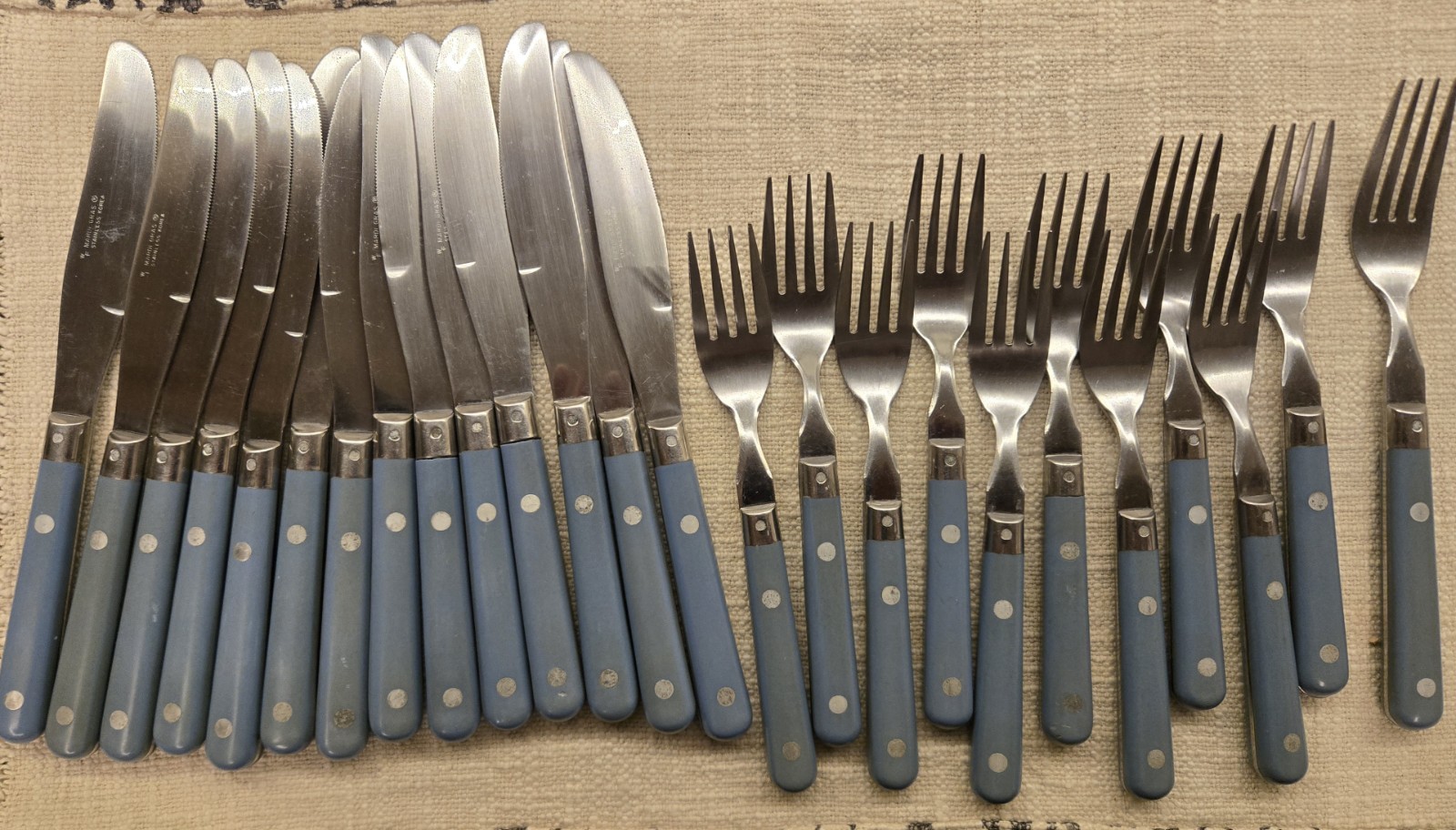 Vintage BLUE HANDLED STAINLESS Flatware 25 PIECES **Deal** Vintage BLUE HANDLED STAINLESS Flatware 25 PIECES **Deal**