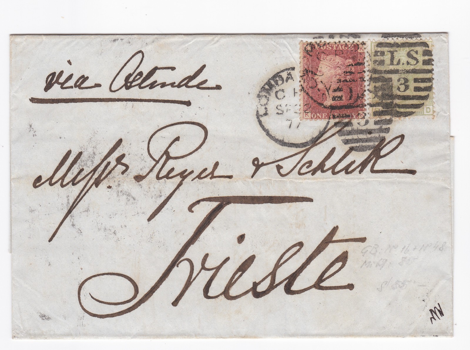 1877 QV 1d RED PL199 + 4d SAGE GREEN STAMP PL15 ON WRAPPER TO TRIESTE AUSTRIA 1877 QV 1d RED PL199 + 4d SAGE GREEN STAMP PL15 ON WRAPPER TO TRIESTE AUSTRIA