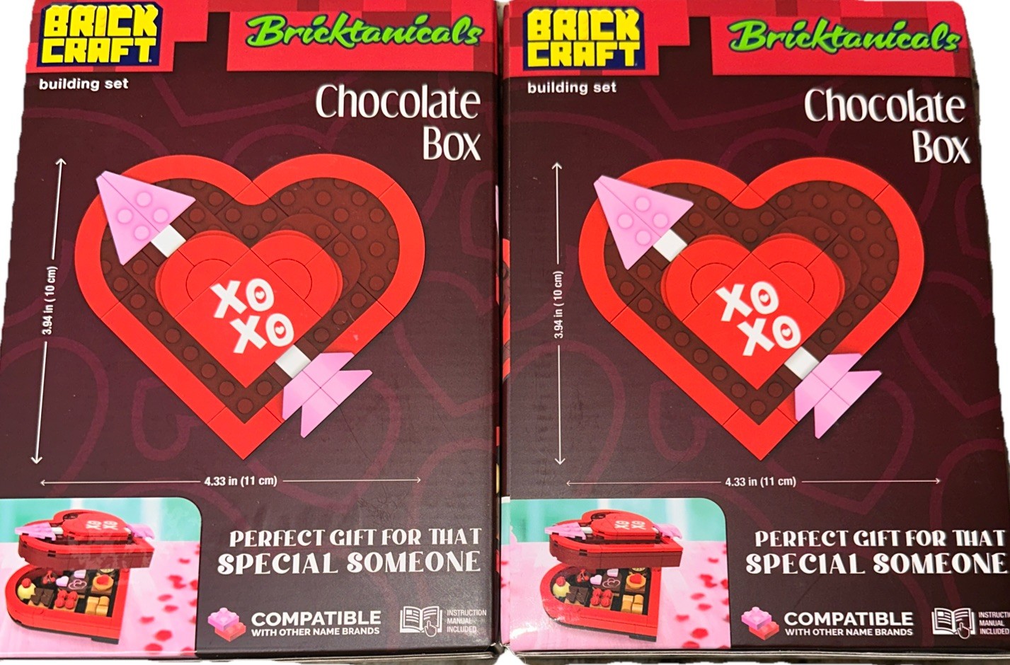 Lot 2-Brick Craft Bricktanicals HEART Shaped Box of Chocolates XO\'s Building Set