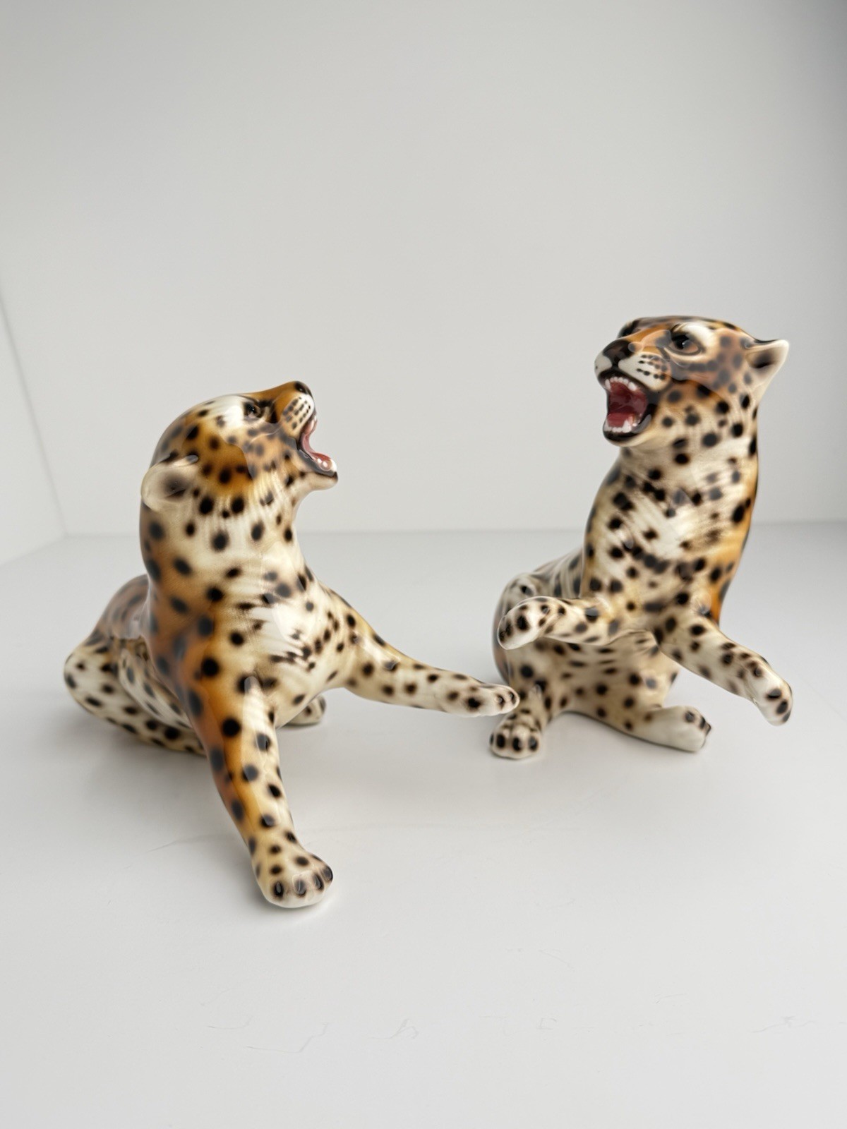 Vintage Italian Ceramic Leopard Cubs Pair Hand Painted Made in Italy 10”