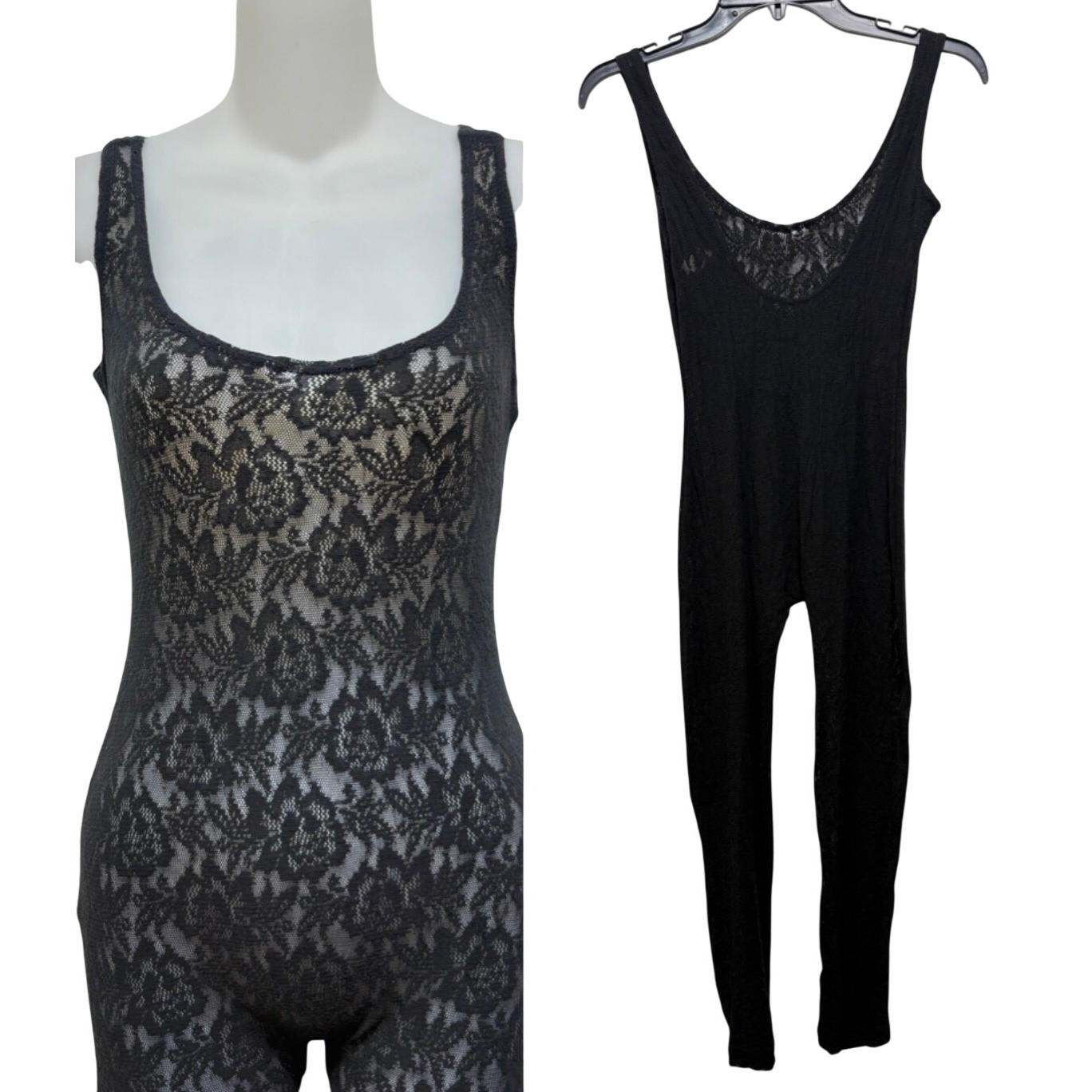 RARE Vtg 90s Contempo Casuals Black Lace Jumpsuit Womens S See-Through Clubbing
