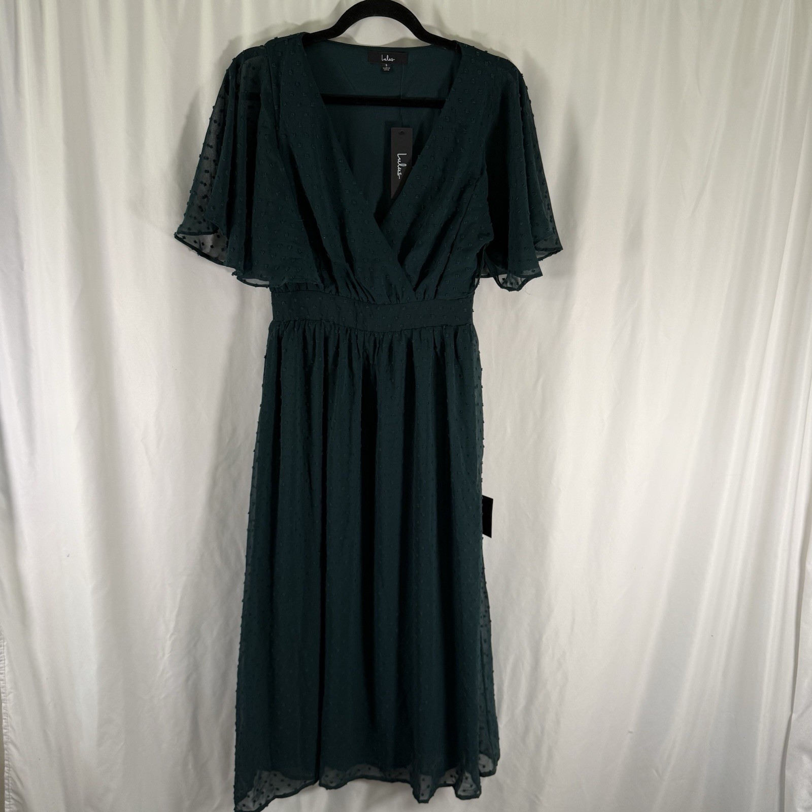 New Lulus Dress Women\'s Small Green Midi Vneck Sheer Short Sleeve Pullover New Lulus Dress Women\'s Small Green Midi Vneck Sheer Short Sleeve Pullover