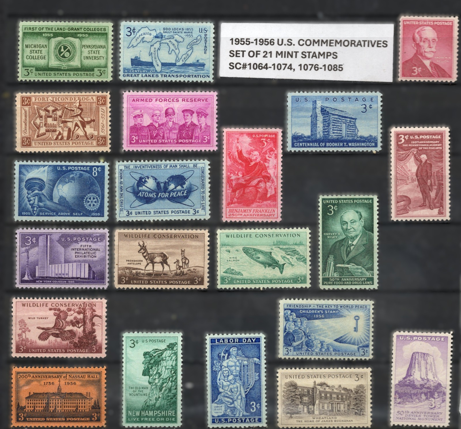 1955–1956 U.S. Commemorative Set Scott #1064–1074 & 1076–1085 MNH OG – Complete