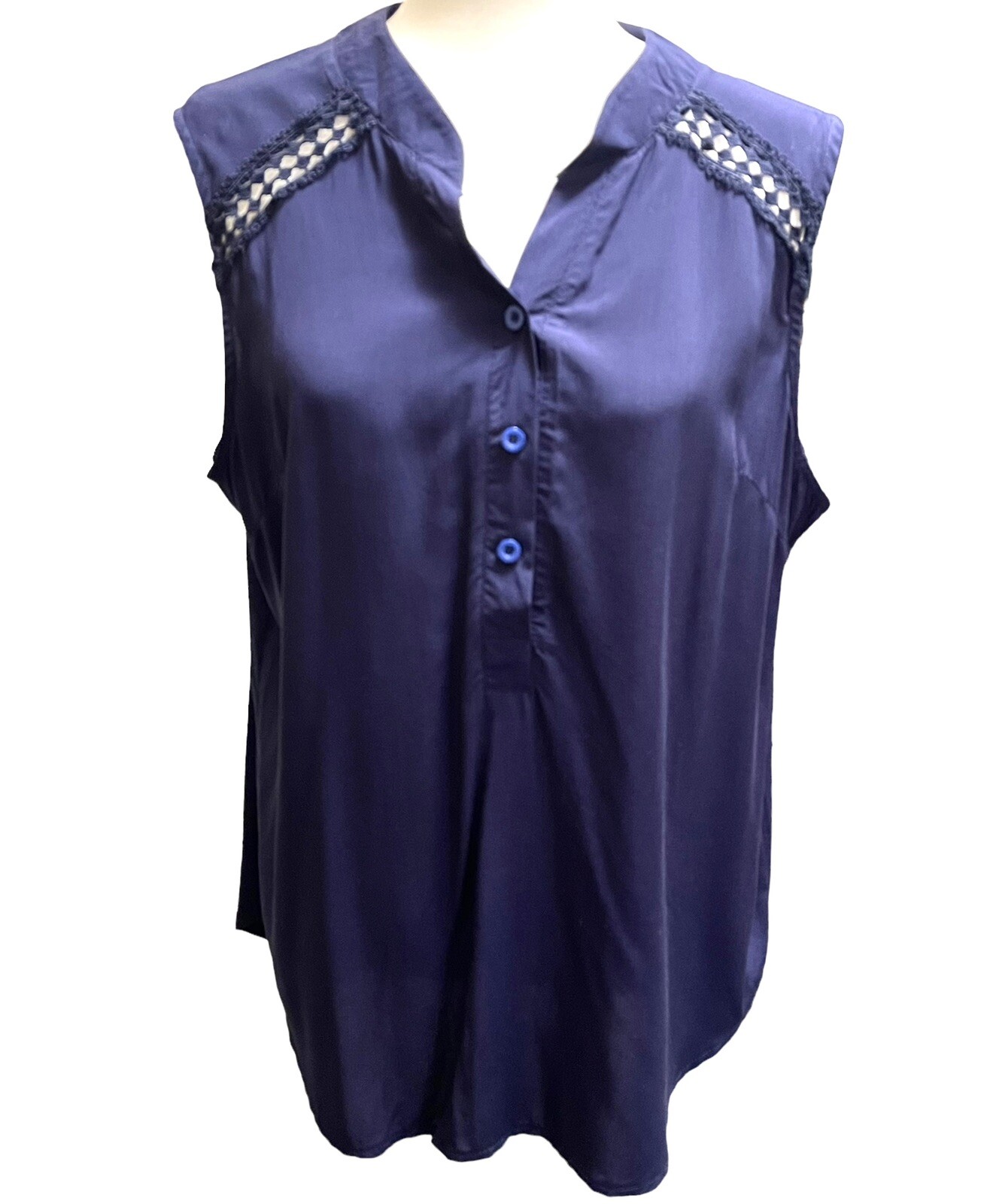 Soteer Women’s Sleeveless Blouse Top Size XL Navy Blue Crochet Inserts New Soteer Women’s Sleeveless Blouse Top Size XL Navy Blue Crochet Inserts New