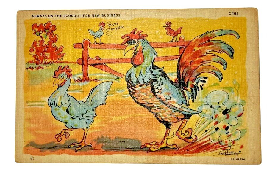 Vintage 1942 Curt Teich Linen Postcard Rooster Chicken Two Timer Comic WWII