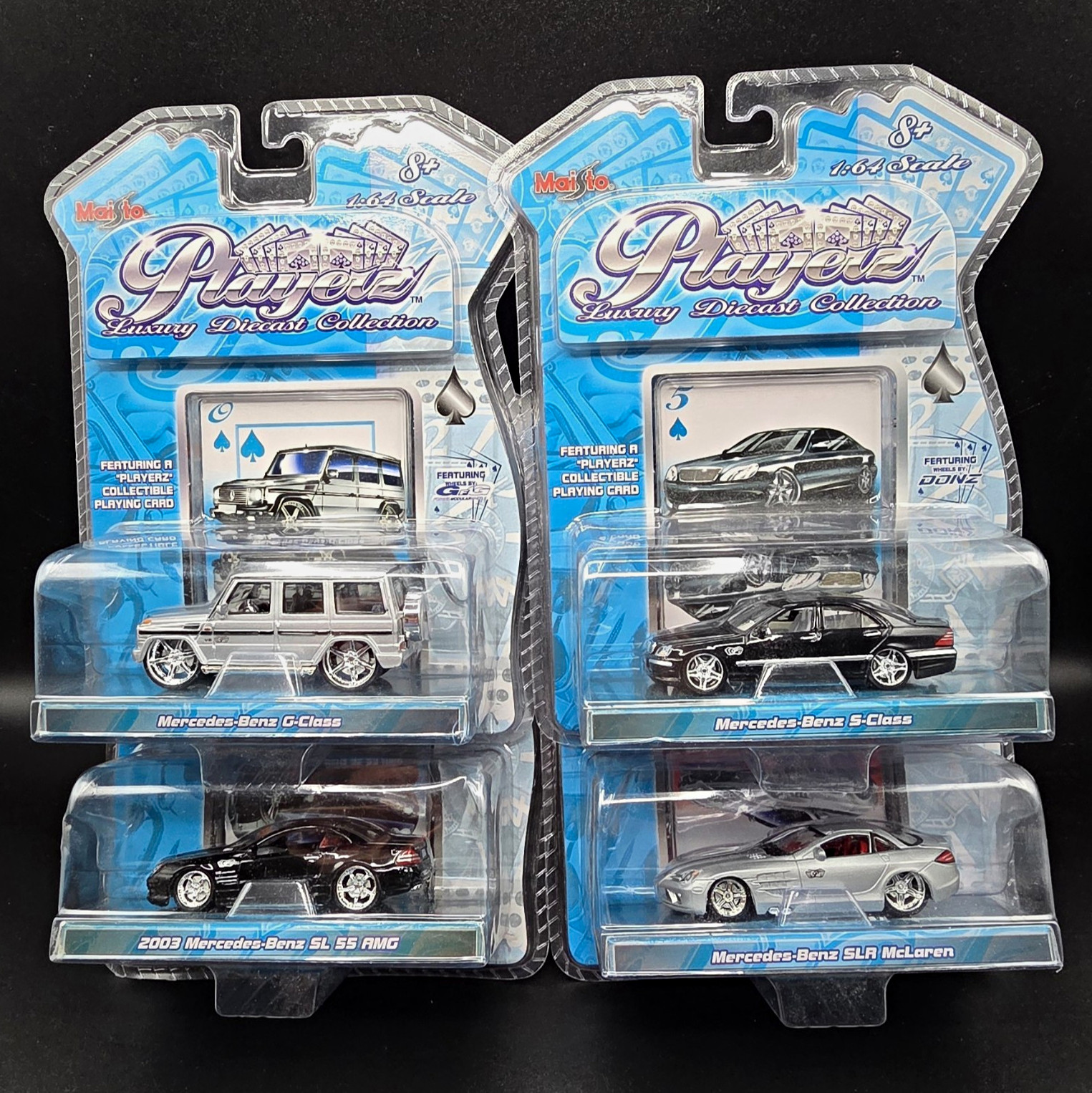 Vintage 2004 Maisto Playerz 1:64 Mercedes-Benz Diecast Lot (4) w/ Playing Card Vintage 2004 Maisto Playerz 1:64 Mercedes-Benz Diecast Lot (4) w/ Playing Card