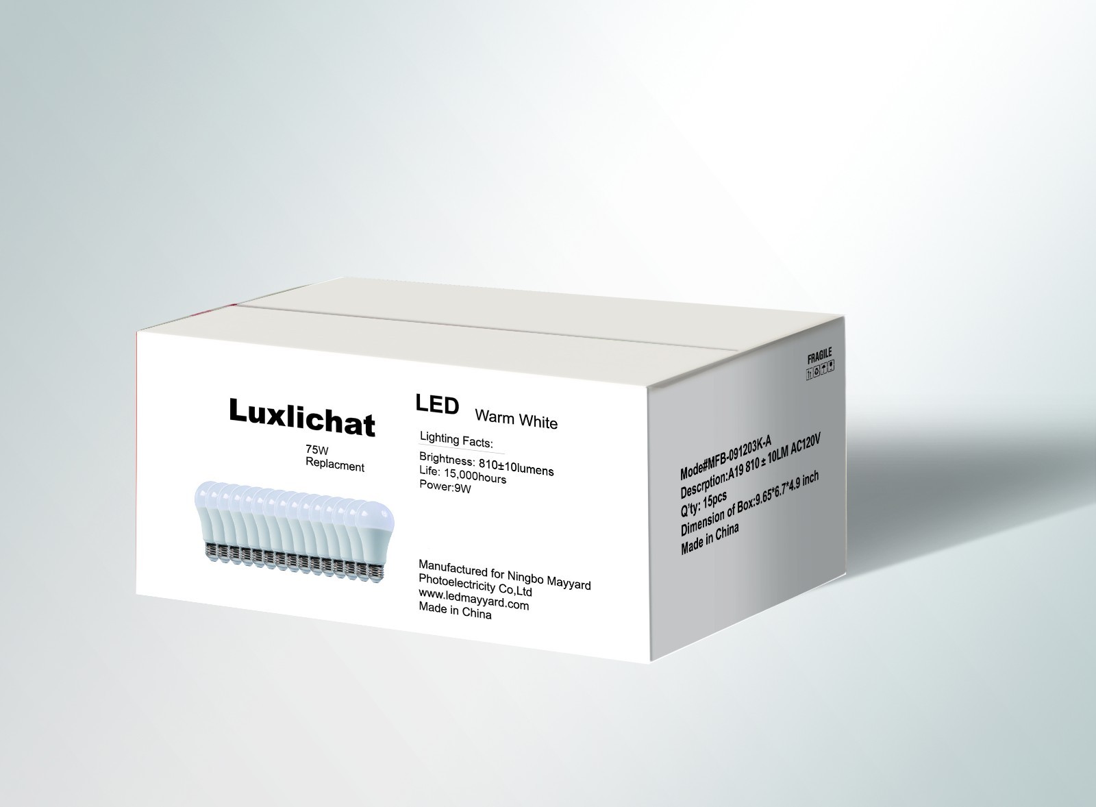 Luxlichat Dimmable 75W Equivalent A19  LED Light Bulb Warm White (3000K)-15 PACK