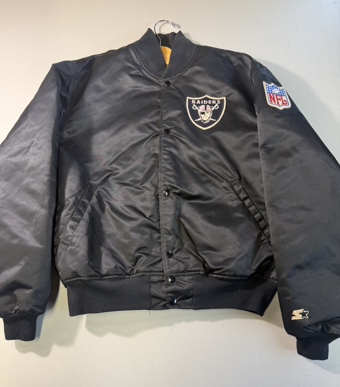 Vintage 90s Starter Oakland Raiders Satin Bomber Jacket NFL Pro Line Large Black