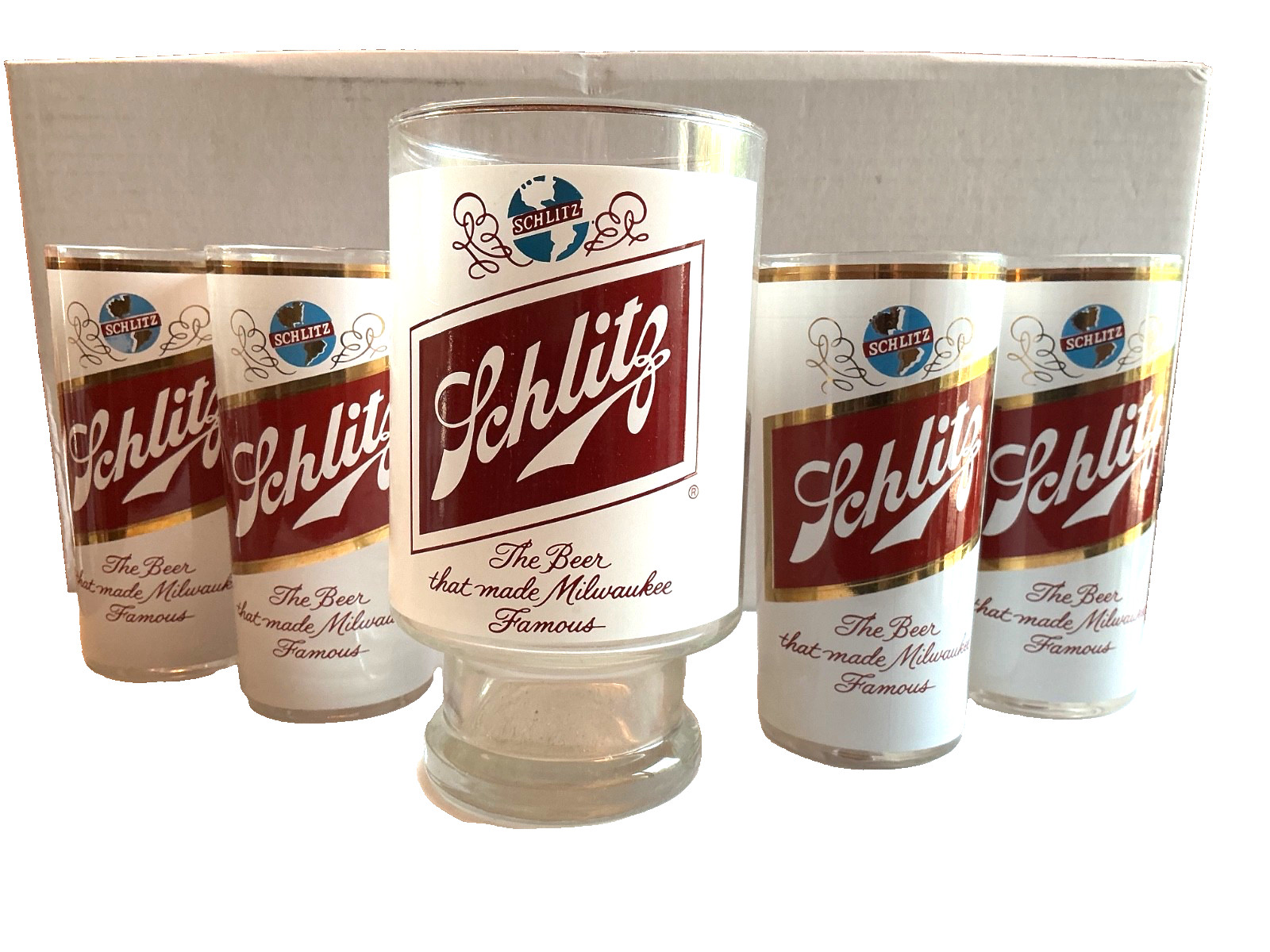 Vintage Schlitz Beer Glass lot 32oz Pedestal Host Glass & 4 12oz Gold Rim Glass