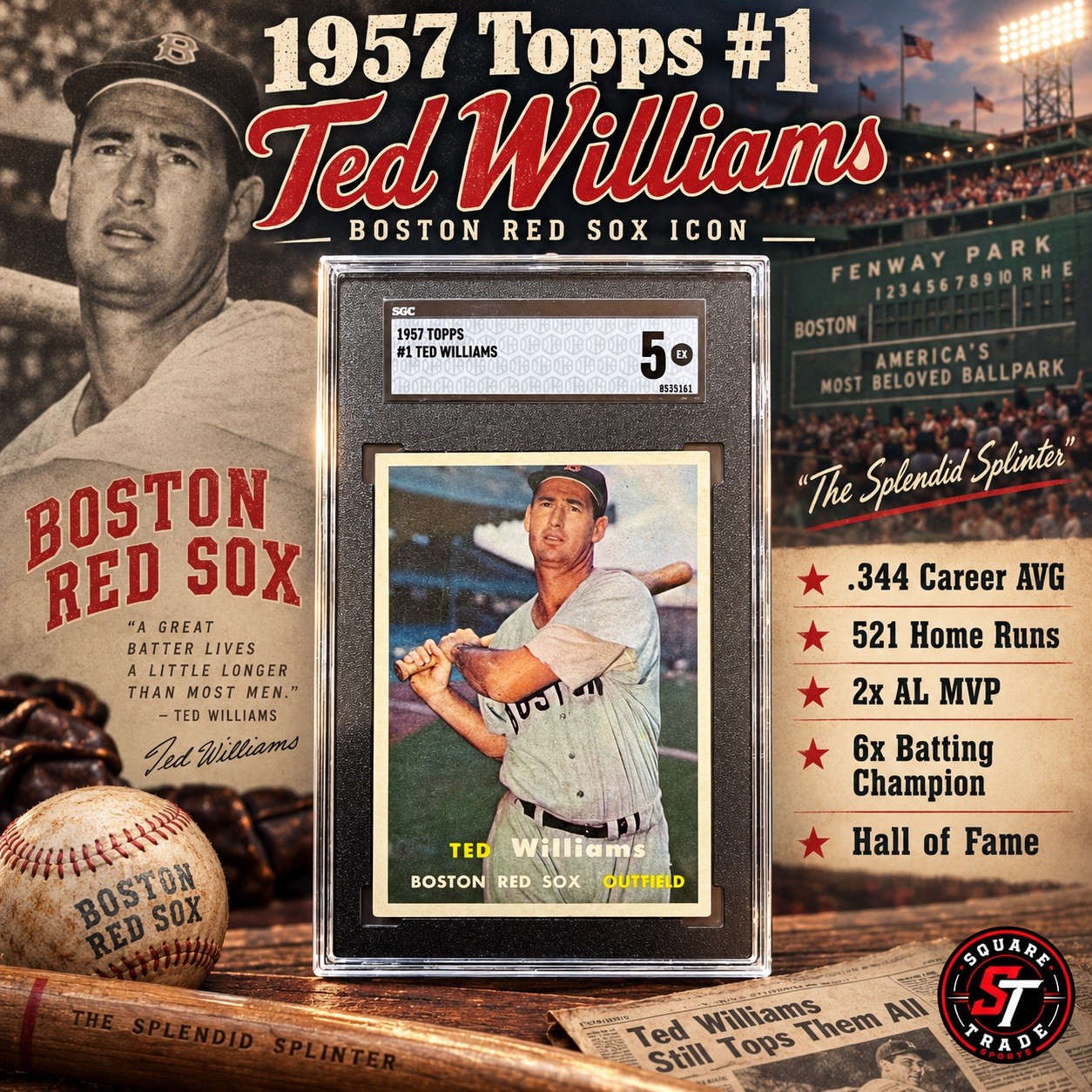 1957 Topps #1 Ted Williams SGC 5 EX Boston Red Sox HOF Vintage Baseball