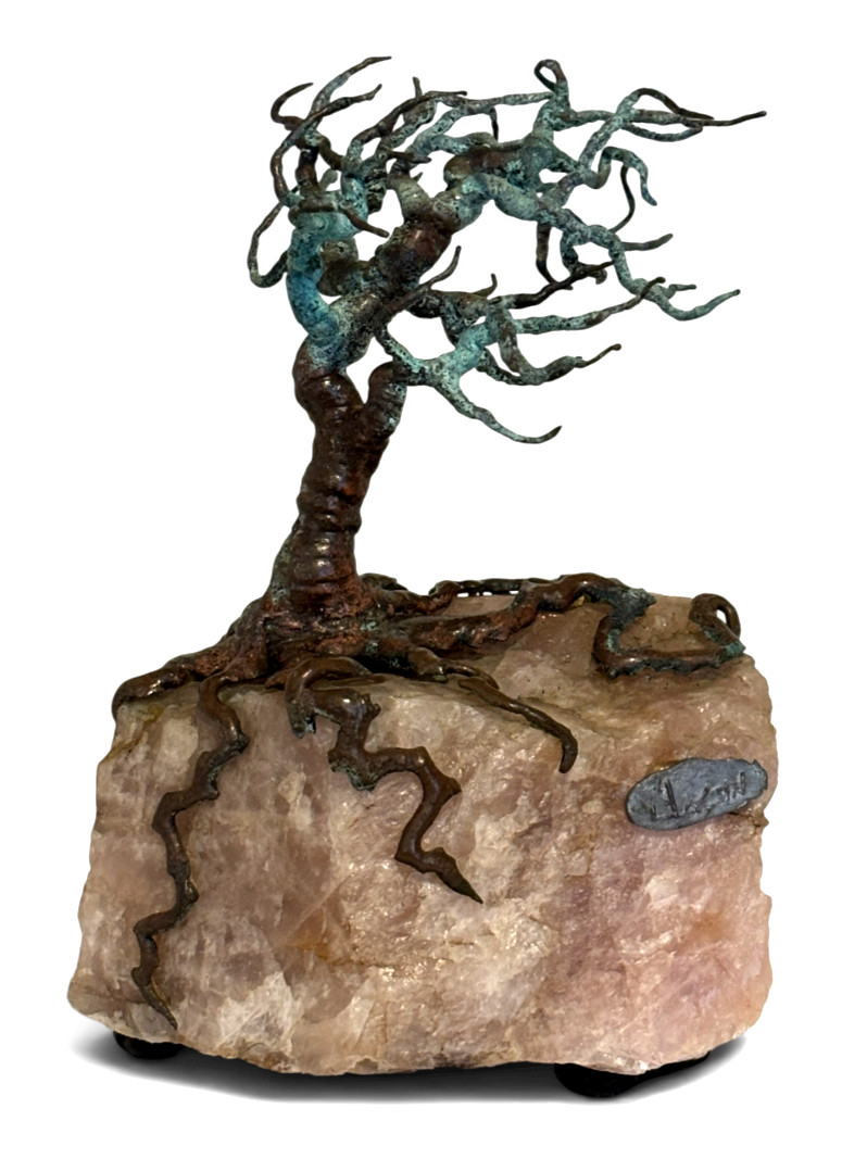 Bronze Wind Swept Tree on Quartz Rock Sculpture Marked Jason Brutalist 7\