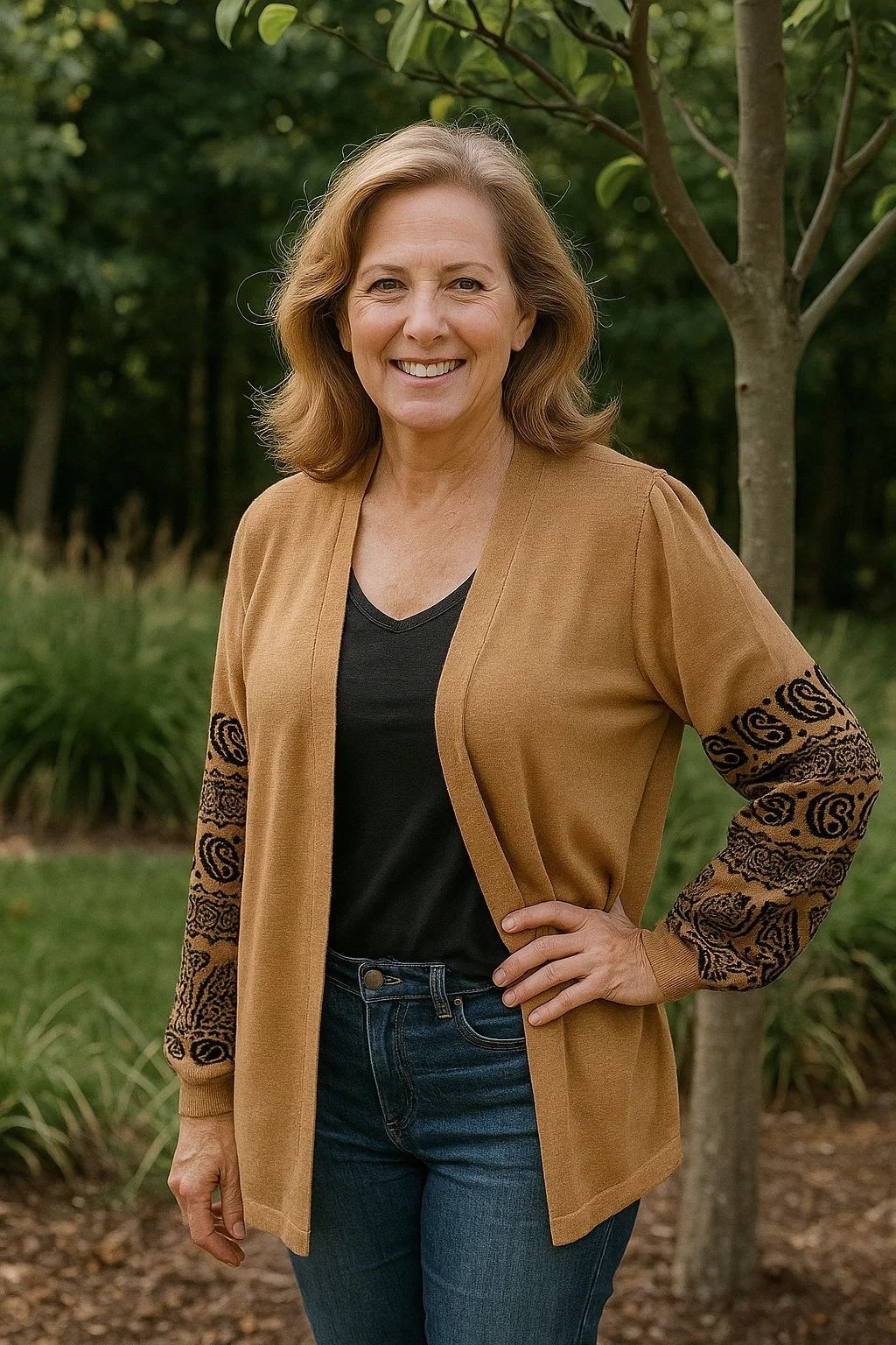 Chico\'s NEW Cardigan Sweater Brown Jacquard Sleeve size 2 Large