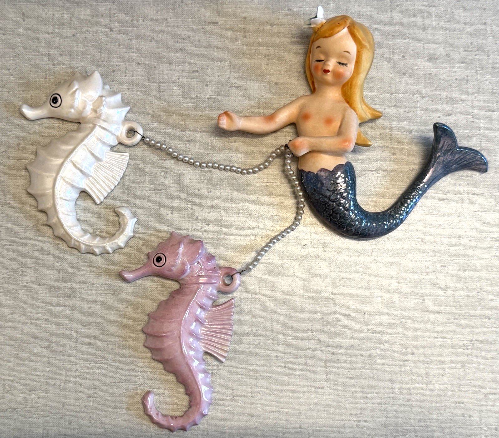 Vintage Lefton Ceramic Mermaid Holding Pearl Reins of 2 Seahorses Wall Plaques