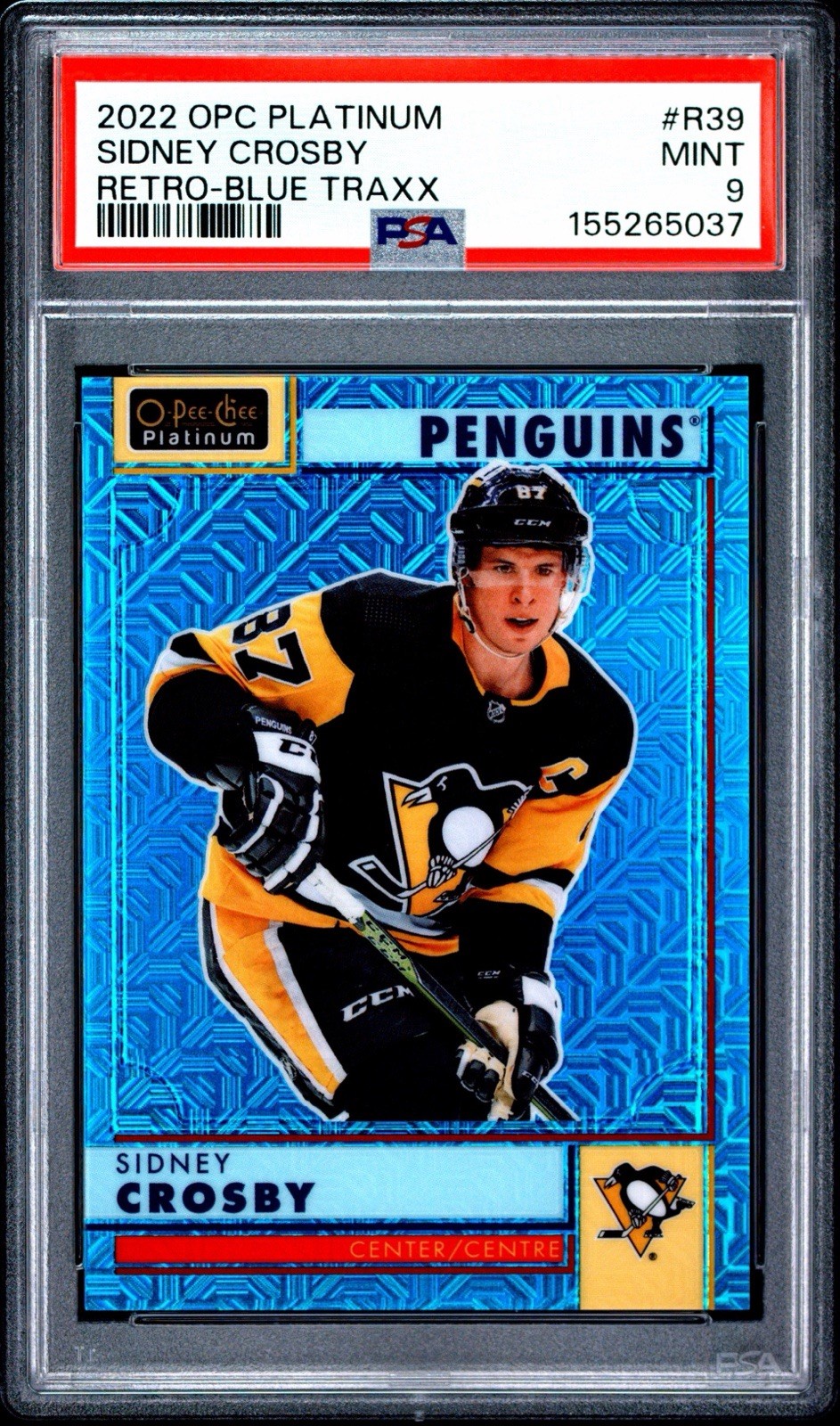 2022-23 O-Pee-Chee Platinum - Retro Sidney Crosby #R-39 Blue Traxx /199 PSA 9