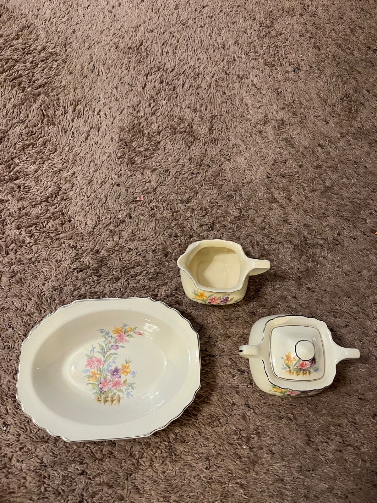 W S George China Lido Canarytone Serving Bowl, Sugar Bowl, Creamer